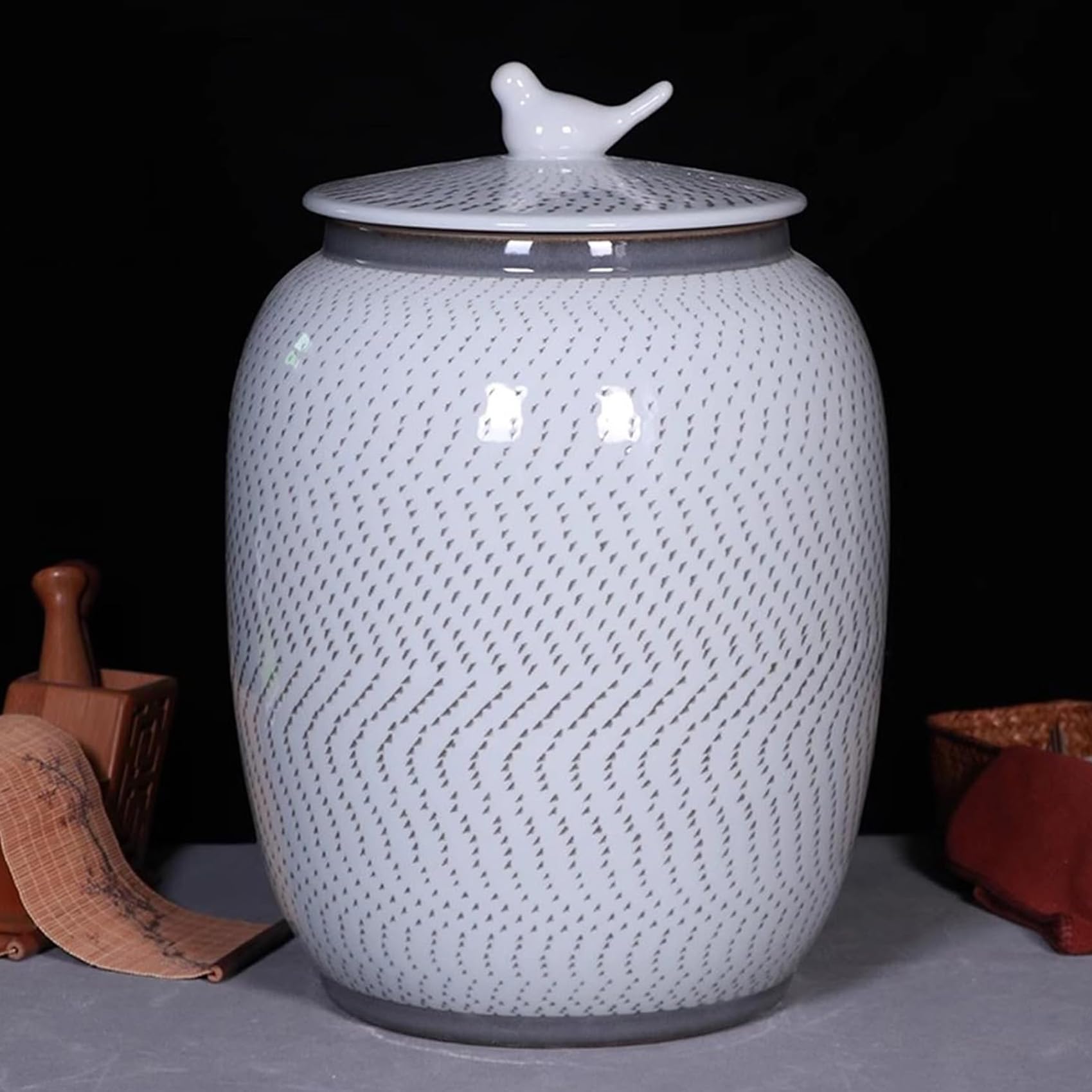 Hlixzoy Traditional Chinese Ceramic Rice Storage Bucket with Airtight Lid – Bird-Shaped Handle, Large Dry Food Canister for Kitchen & Pantry, Store Rice, Soybeans, Corn