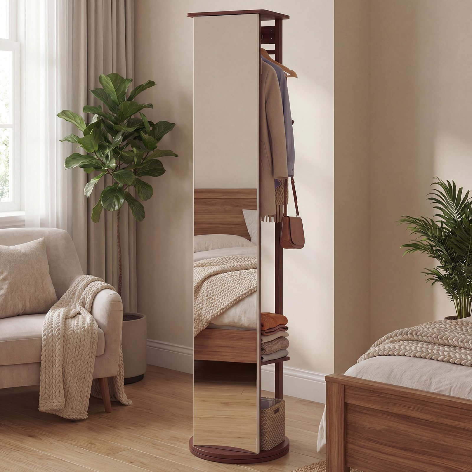 COSTWAY Miroir sur Pied, Grand Miroir avec Porte-Manteau, Base Pivotante à 360°, Cadre en Bois Massif, 2 Étagères de Rangement, 4 Crochets, Barre, pour Chambre Salon (48 x 48 x 168 cm,Noyer)