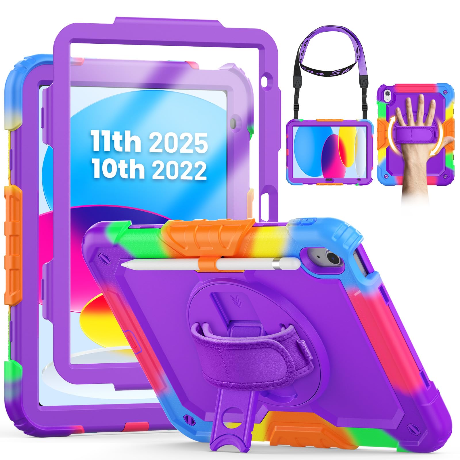SEYMCY Kids Case for iPad (A16) 11th/10th Generation 2025 (11 inch)/2022 (10.9 inch), Full-body Shockproof with Screen Protector, Rotating Stand & Hand Strap, Carrying Strap, Pencil Holder, Purple