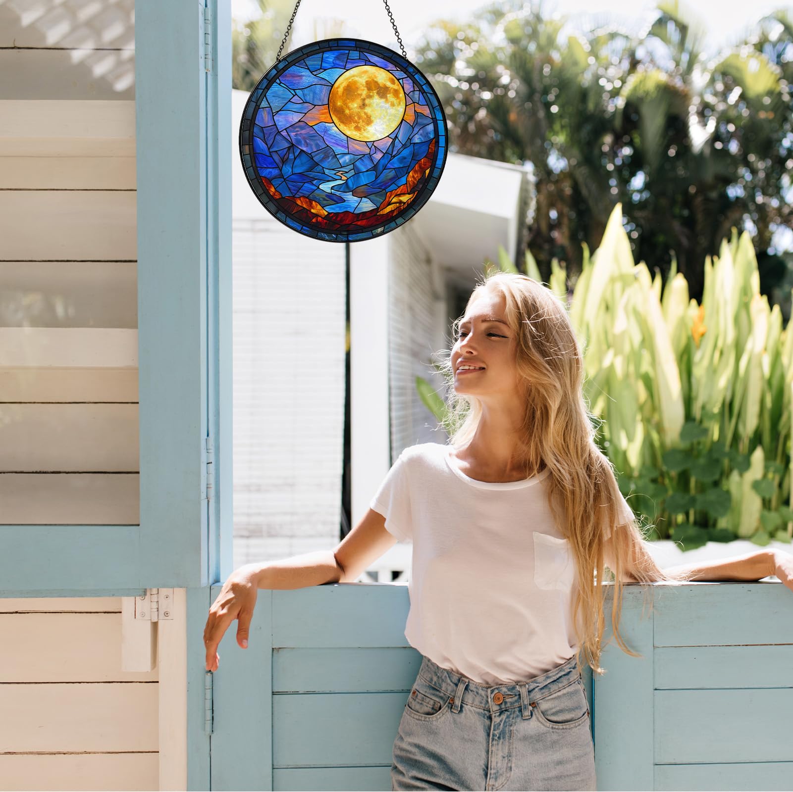 Full Moon Stained Glass Suncatcher, Celestial Window Hanging Decor with Lunar Crater Details, 7.87 Inch Sun Catchers Indoor Window, Mystical Night Sky Gift for Moon Lovers, Women, Men