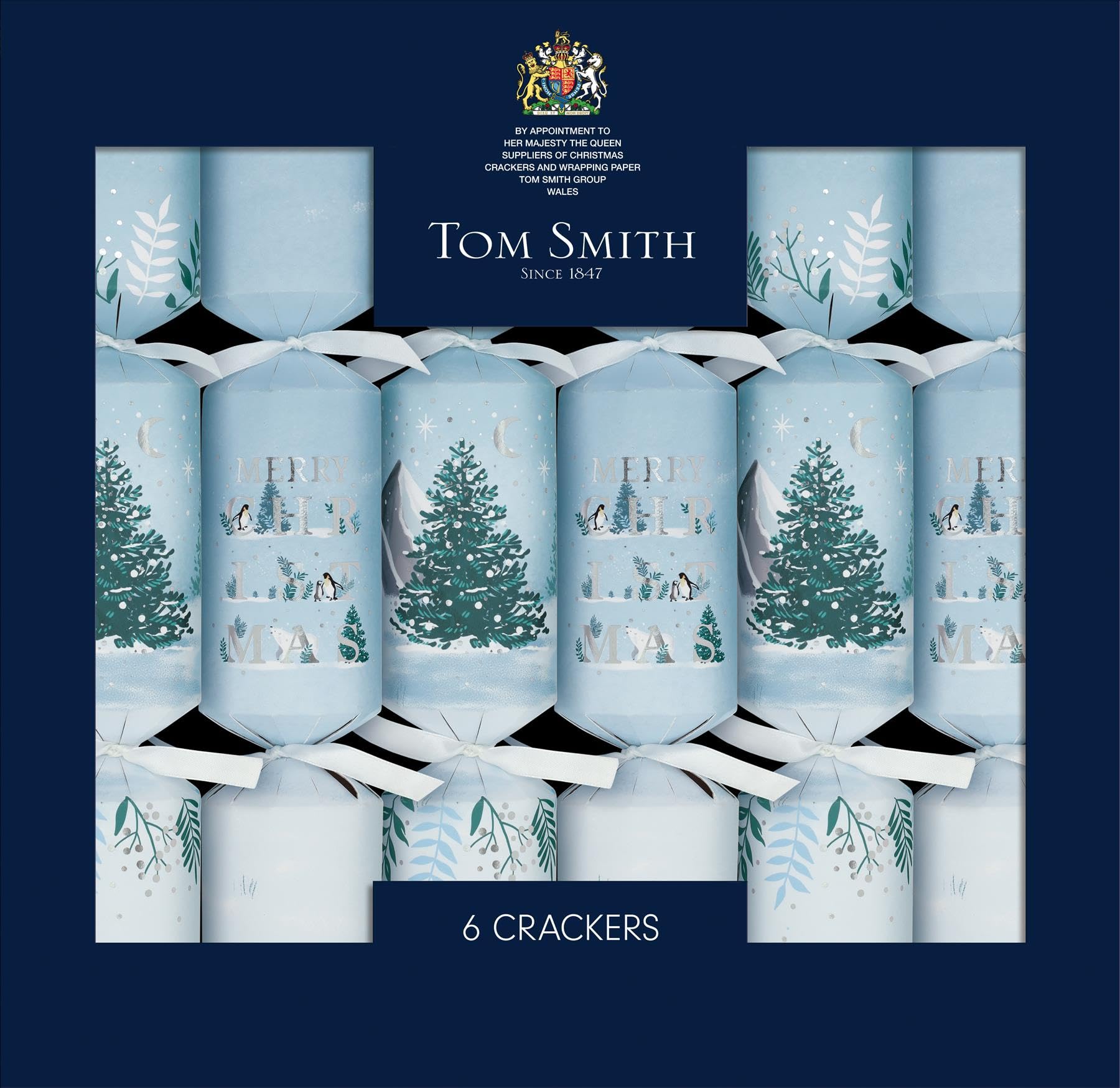 Tom Smith Blue Arctic Animals Design Christmas Crackers Pack 6 - Luxury - Traditional Xmas Crackers Gifts Hats Mottos & Snaps - Plastic Free Recyclable Eco Friendly