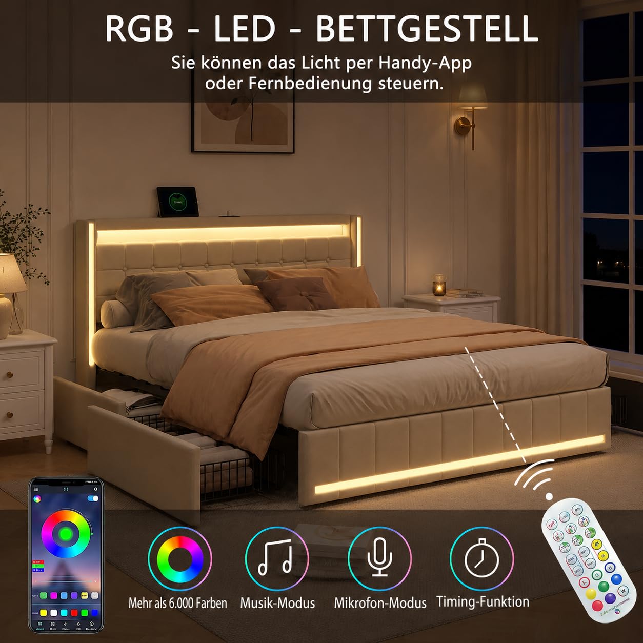 Cama tapizada de 140 x 190 cm, con cajonera moderna con 4 cajones y cabecero acolchado, cama juvenil con LED y USB, marco de cama para adultos y adolescentes, lino (beige)