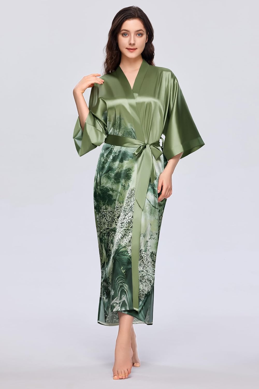 PRODESIGN Kimono Robes for Women - Long Satin Sleepwear Silky Nightgown Bathrobe Floral Dressing Gown Blouse Wedding Robe - Image 3