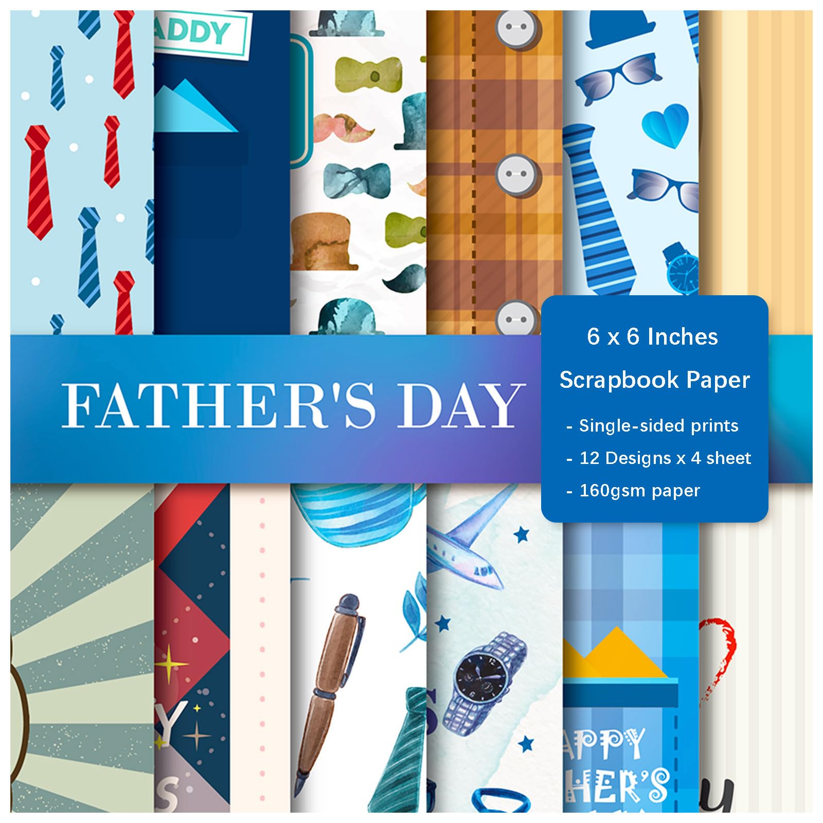 ZAKHSE Scrapbook Paper 6"x6", 48 Sheets Happy Father's Day Paper Pad for Card Making, Single-sided Prints Cardstock 160gsm Decorative Craft Paper, 12 Designs, Holiday DIY Scrapbook Supplies-06