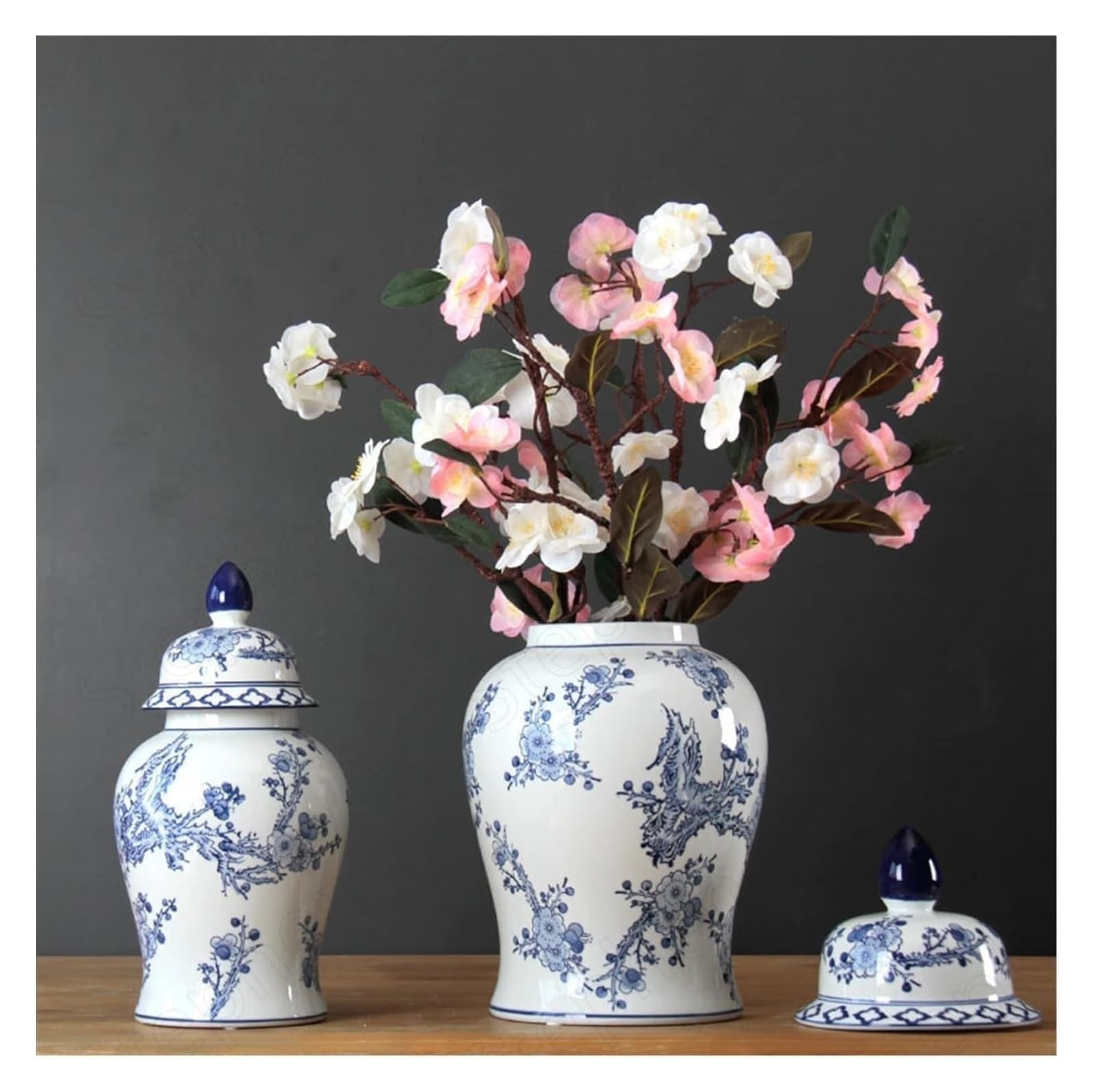 Jarrón de cerámica tetragonal Pintado, jarrón Chino de Porcelana Azul y Blanca con Relieve de Flor de Ciruelo, jarrones Altos de Suelo para Sala de Estar.