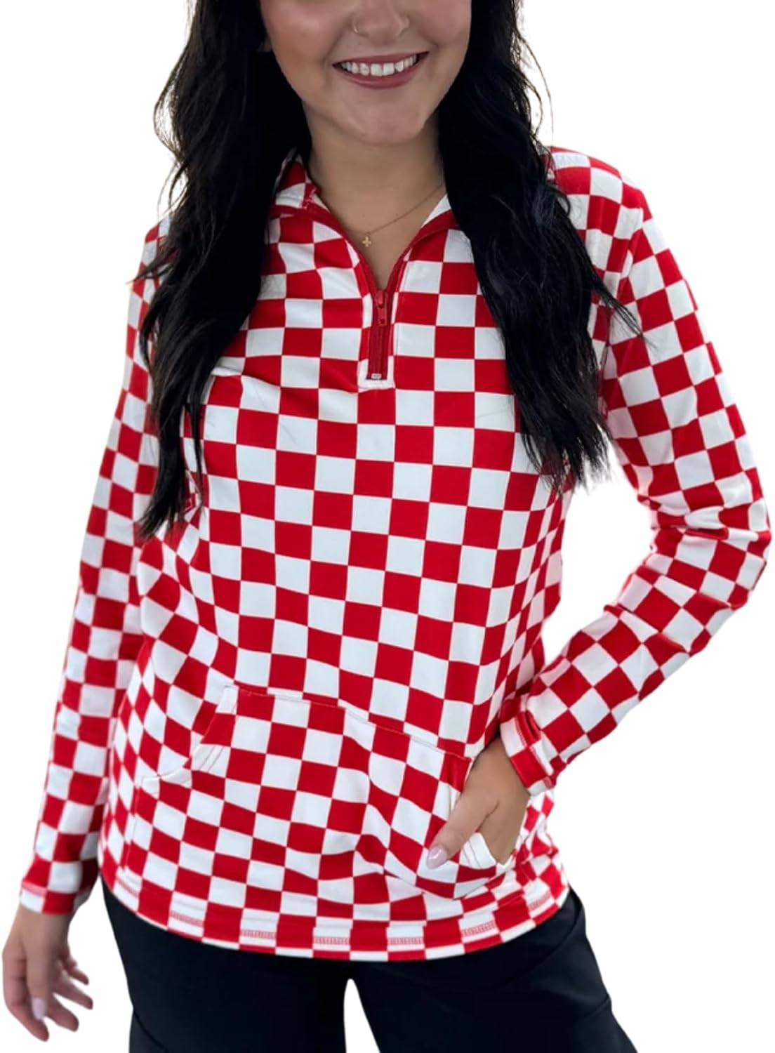 Womens Pep Rally Checkered Sweatshirts Game Day Spirit Shirt Quarter Zip Long Sleeves Pullover Tops with Pocket
