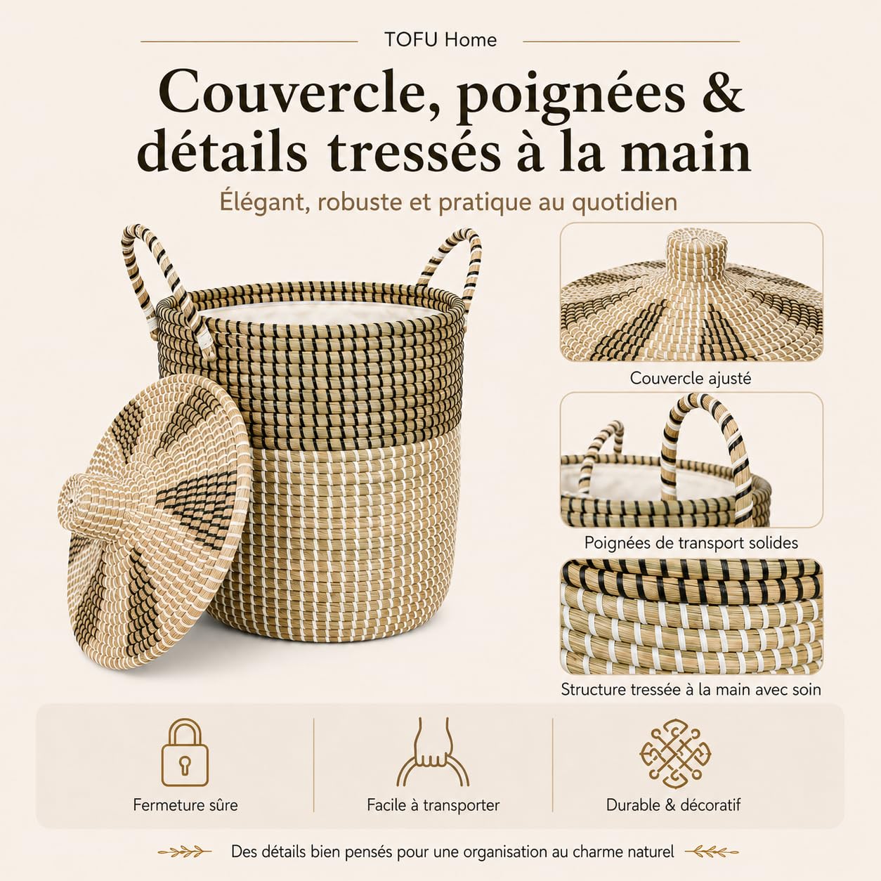 Panier de Rangement Herbe de Mer Artisanal Vietnam Set de 3 avec Doublure Amovible 75.99L/42.99L/25.65L