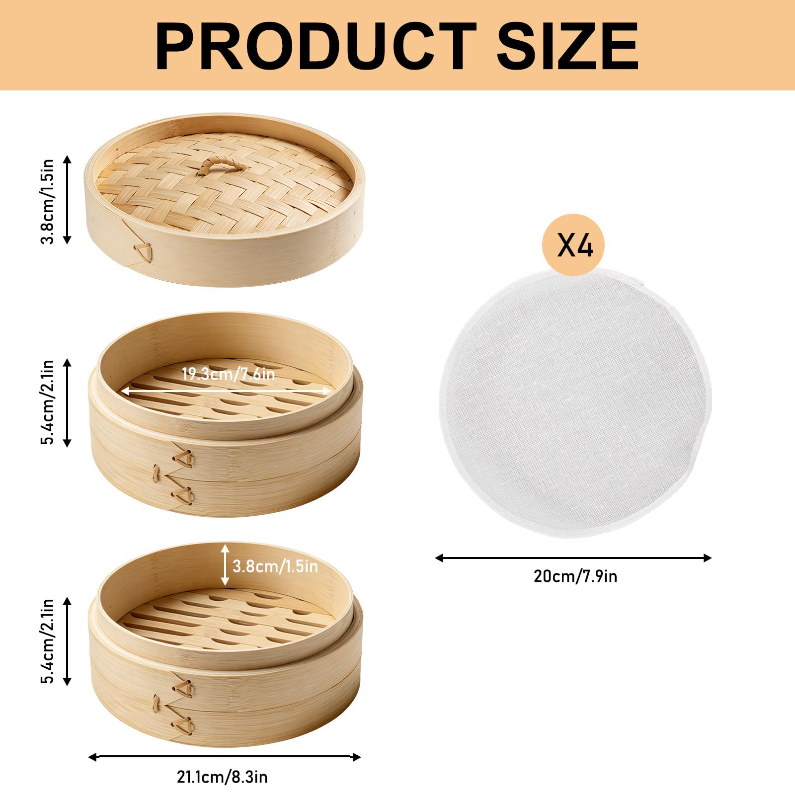 Cuocere a vapore in bambù, 21 cm, a 2 ripiani, in bambù intrecciato, versatile cestino a vapore asiatico, con 4 panni in cotone per riso, verdure, Dim Sum, Dumpling