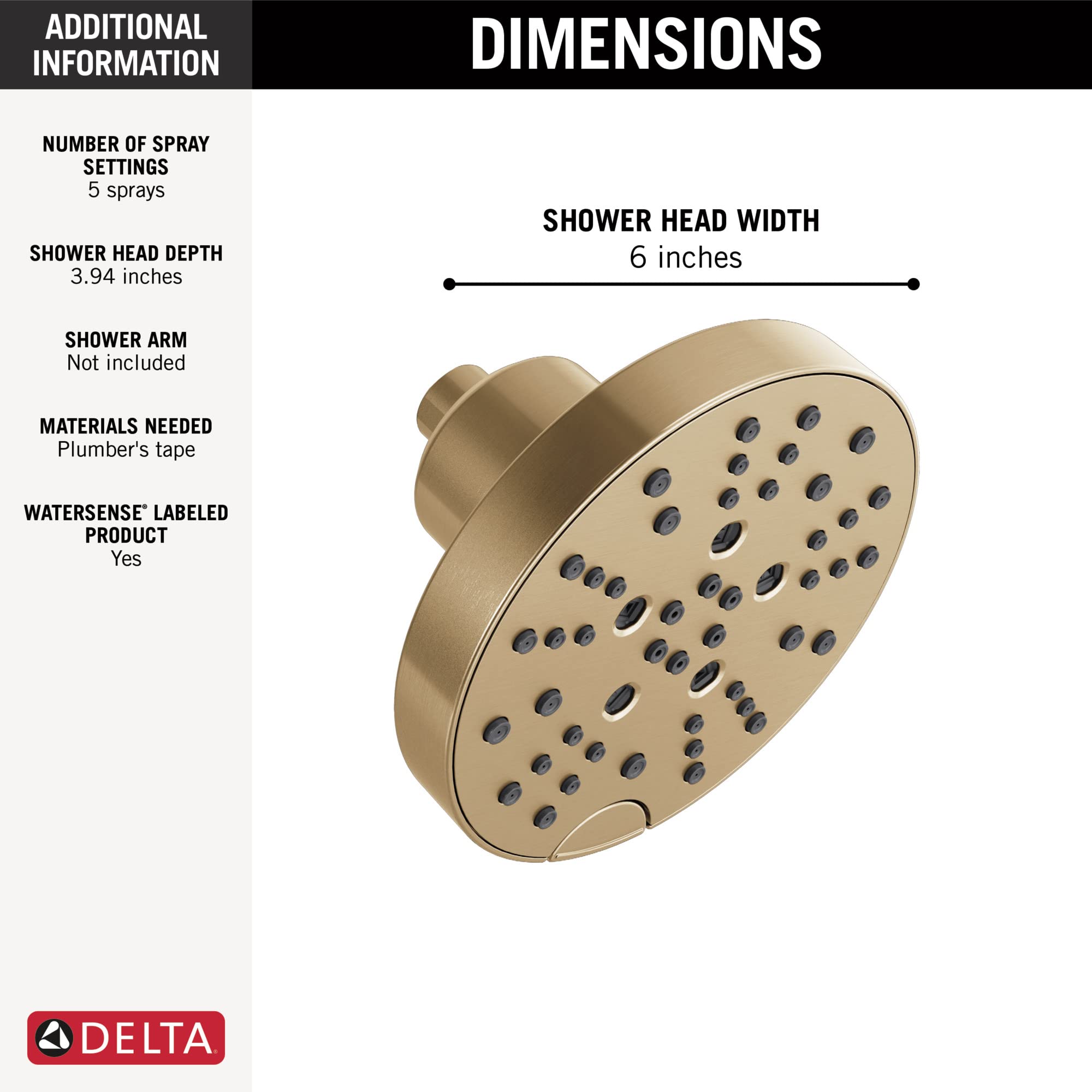 Delta 5-Setting Brushed Gold Shower Head with H2Okinetic Spray, 6
