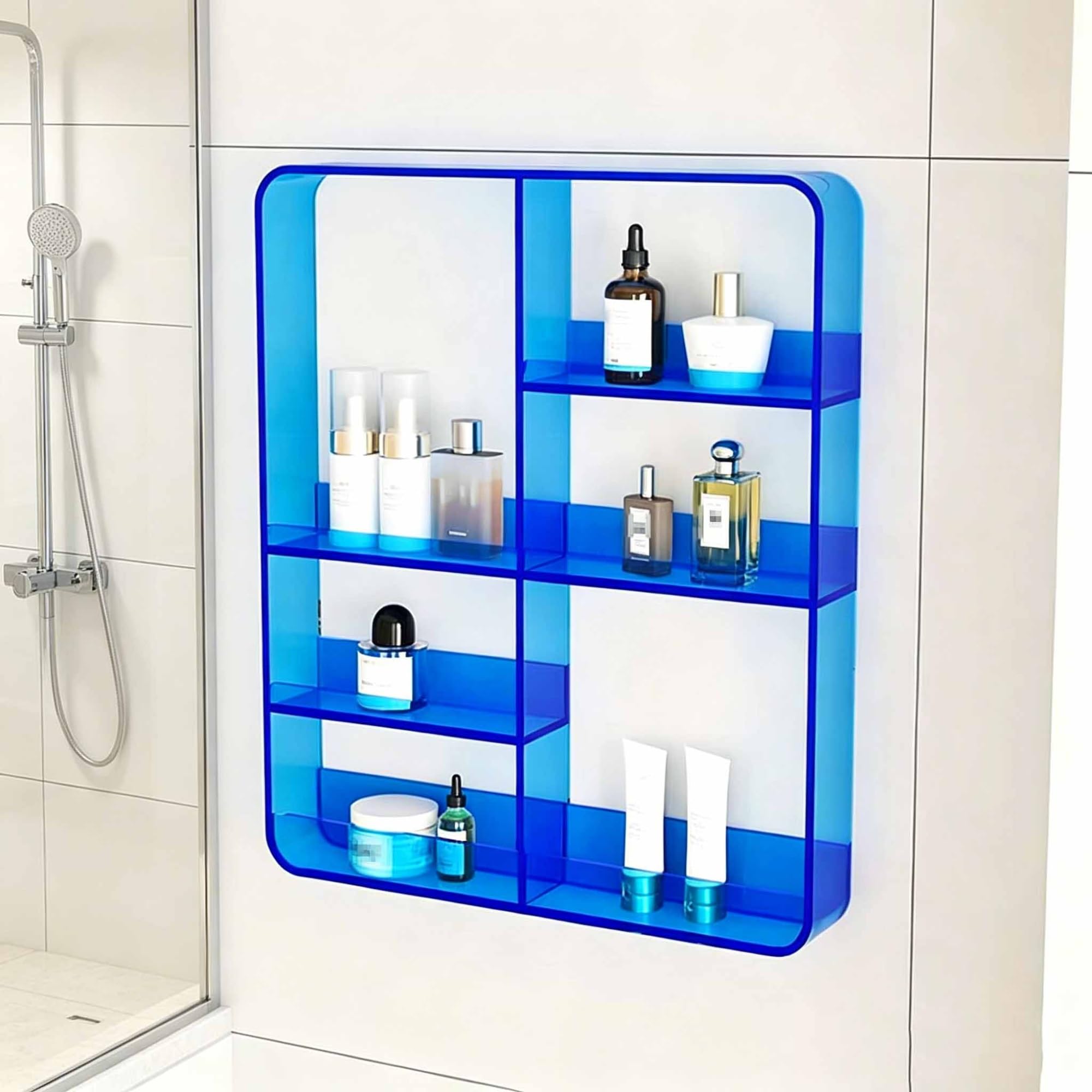 Dalumian Blue Wall Mounted Acrylic Storage Rack, Self-Adhesive Invisible Wall Shelves, Nail Polish Book Decoration Makeup Perfume Organizer Floating Shelf(Blue)