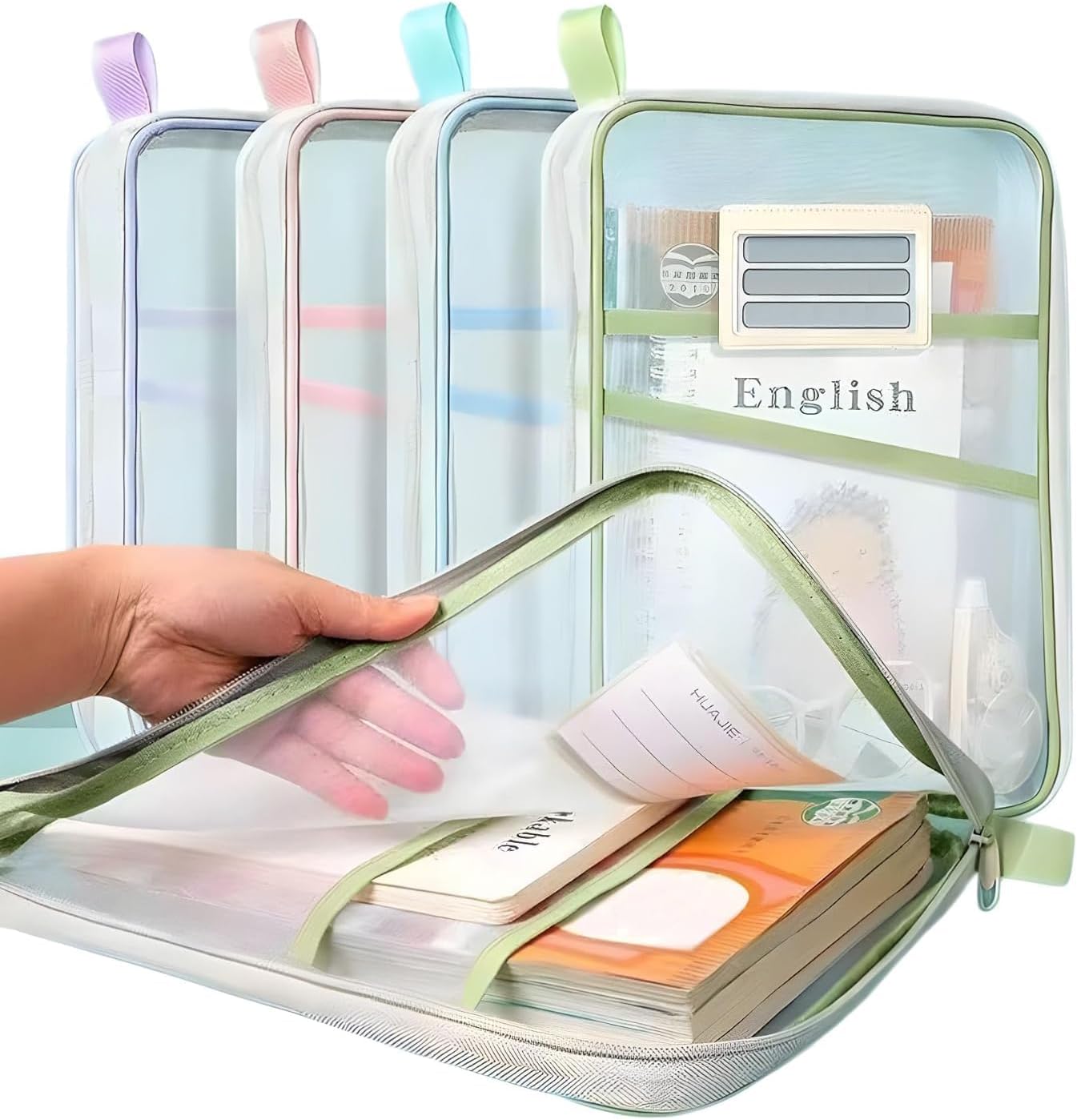 Document Folder for exam, Mesh Zipper Pouch Document Bag, 3-Layer Thickened Nylon File Organizer with L-Shaped Zipper, Transparent Exam & Office Storage Pouch for Students (Random 4)