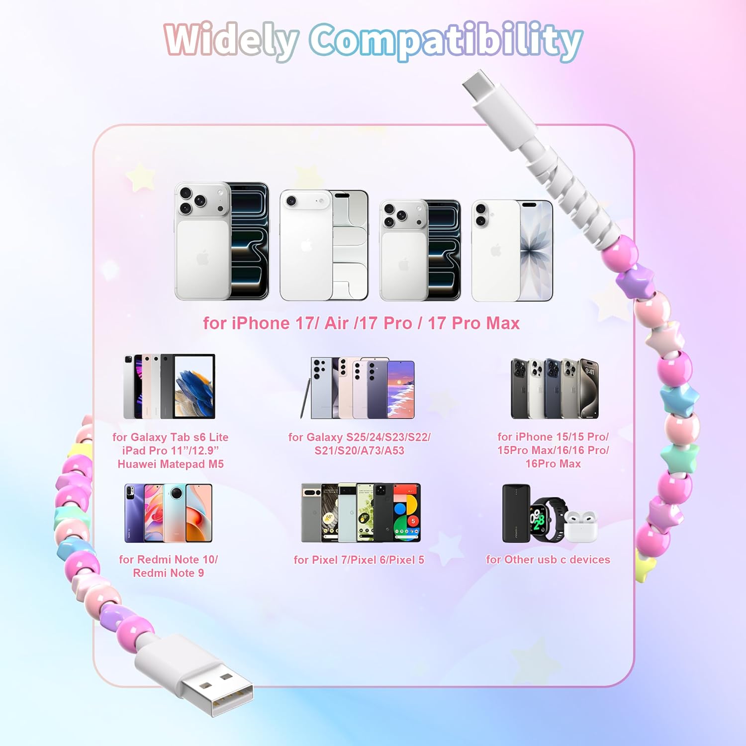 Aolcev USB C Cable for iPhone Charging Cord 4.9FT Cute Beaded USB Type C Charger Cord 66W Fast USB A to USB C Phone Charger Cable for iPhone 17 16 15 Pro Max Plus Galaxy S25 S24 Colorful Stars - Image 6