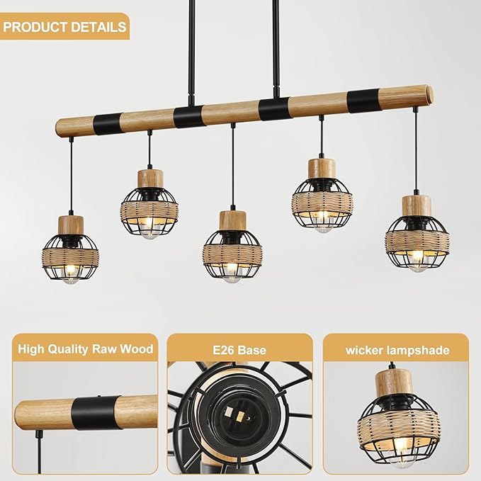 CmnVmn Hanglamp, keukeneiland, boerderij met 5 lampen, voor eetkamer boven tafel, rustieke houten kroonluchter in boho-stijl, voor eetkamer, in hoogte verstelbaar, met handgevlochten rotan vlechtwerk photo 3