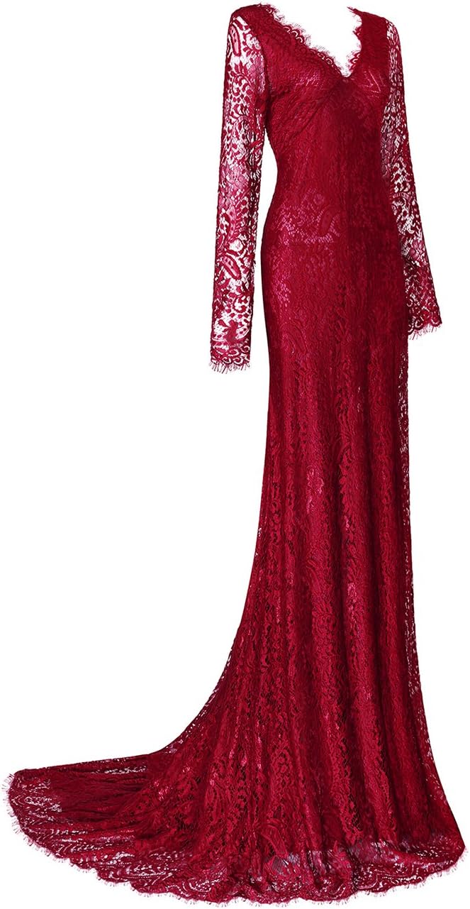 Women's Sexy Deep V Neck Lace Evening Dress Long Sleeve Wedding Prom Ball Gown