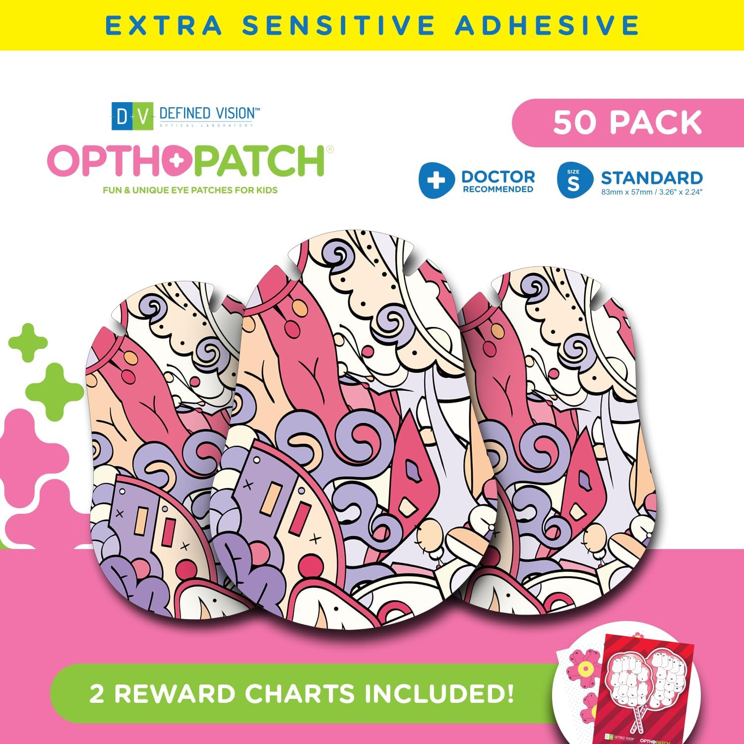 Opthopatch Eye Patches for Kids – 50 Hypoallergenic Standard Adhesive Patches for Lazy Eye & Amblyopia Treatment | Single Design Pack + 2 Reward Charts (Pink Abstract)
