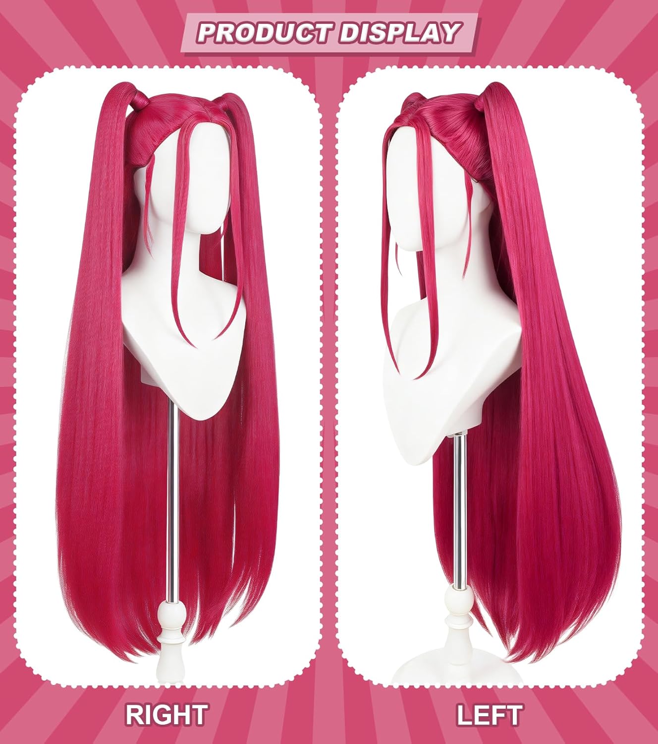 Long Straight Hot Pink Cosplay Wig with 2 Ponytails - Synthetic Anime Wig for Halloween, Carnival, Costume Parties, Women Adults