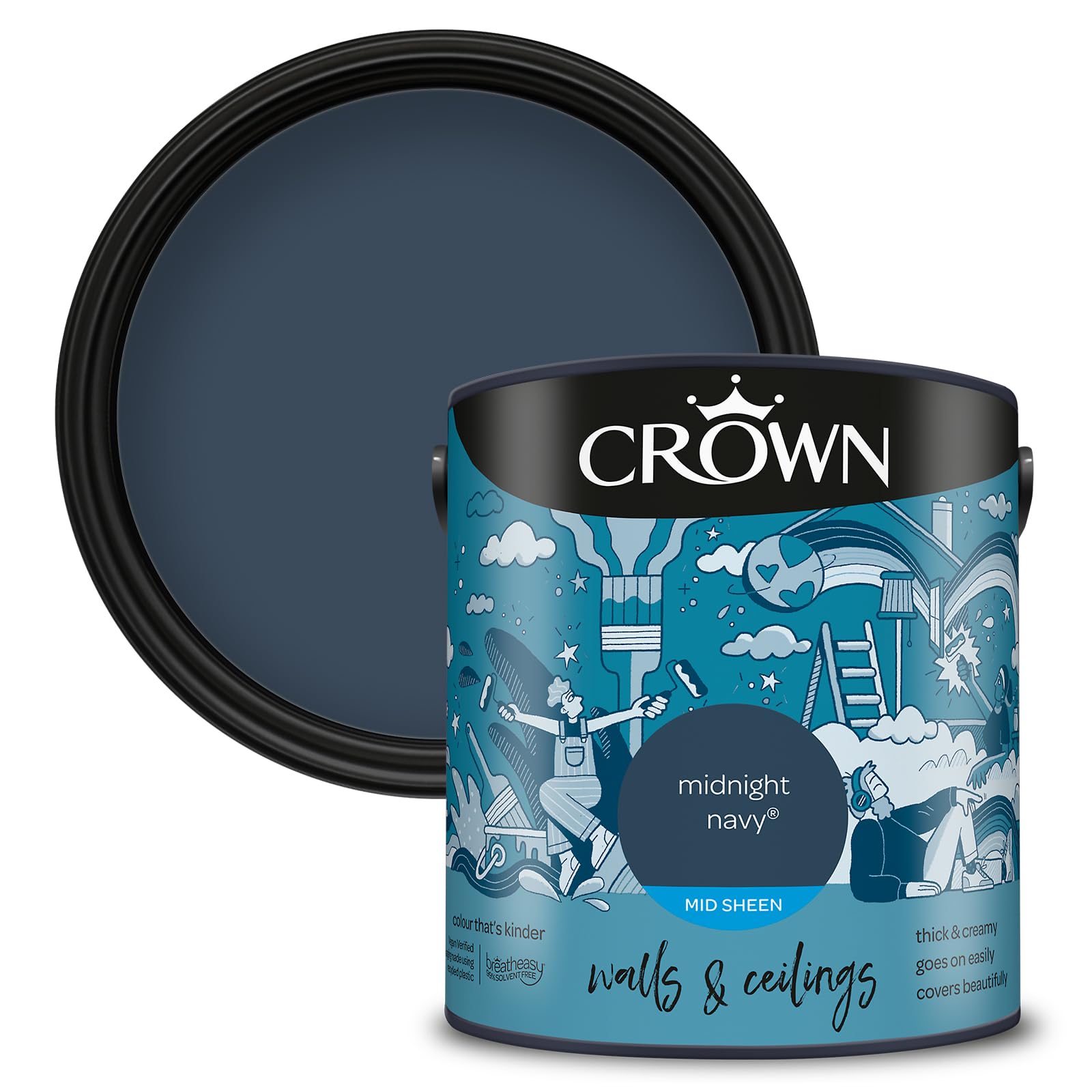 Crown Midnight Navy - Mid Sheen Emulsion Paint for Walls and Ceilings - Wipeable - Dark Navy Blue Finish - Hallway and Bedroom - Water Based, Quick Dry, Low Odour Paint - 2.5L