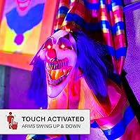 Vista 6 de Haunted Hill Farm Animatronic aterrador payaso al revés colgante con luces activadas por tacto y sonido, funciona con pilas, decoración de Halloween