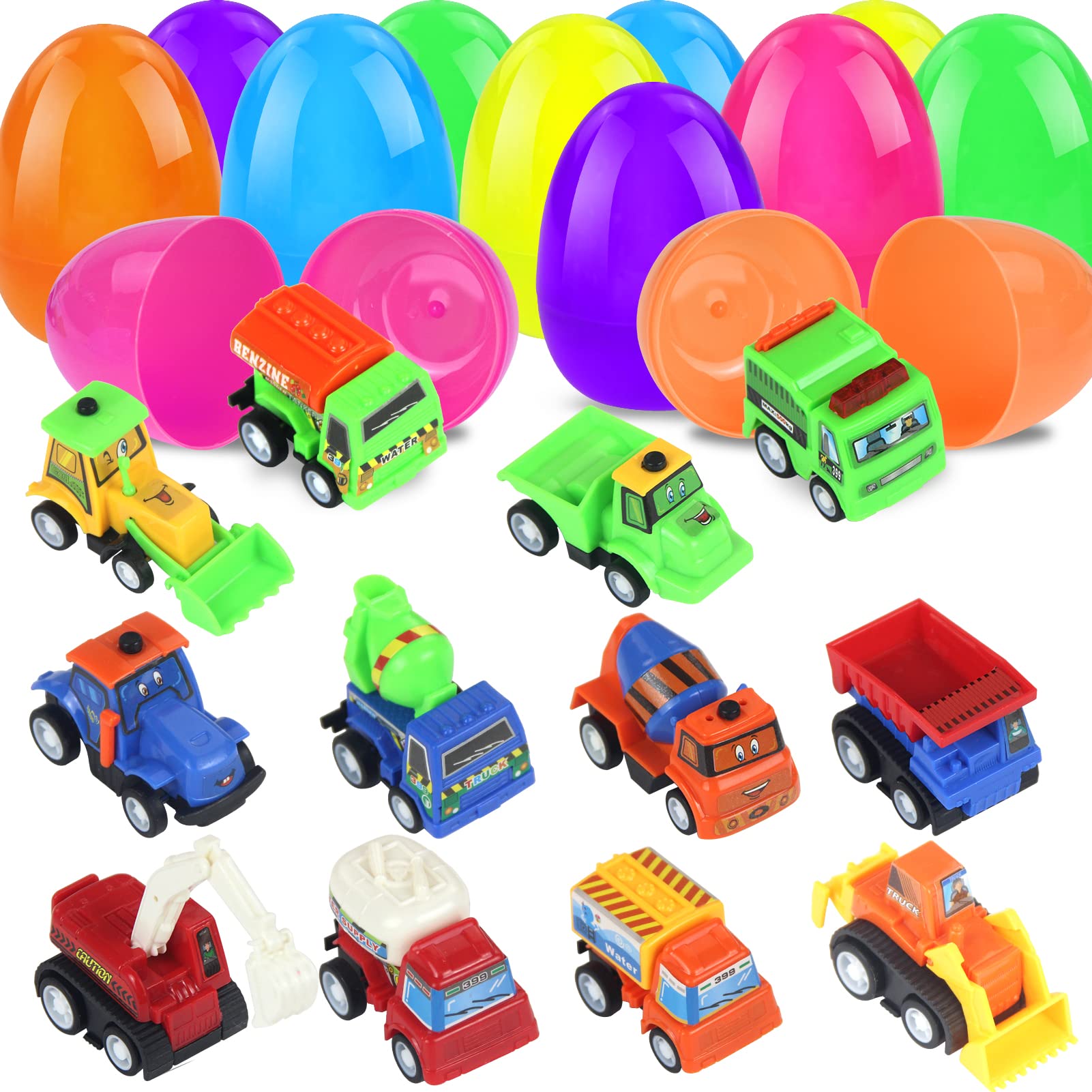 12 Pack Filled Easter Eggs with Toy Cars Inside, Colorful Easter Eggs Filled with Pull-Back Construction Vehicles for Easter Hunt Party Favor, Easter Basket Stuffers for Toddlers Boys Kids babies