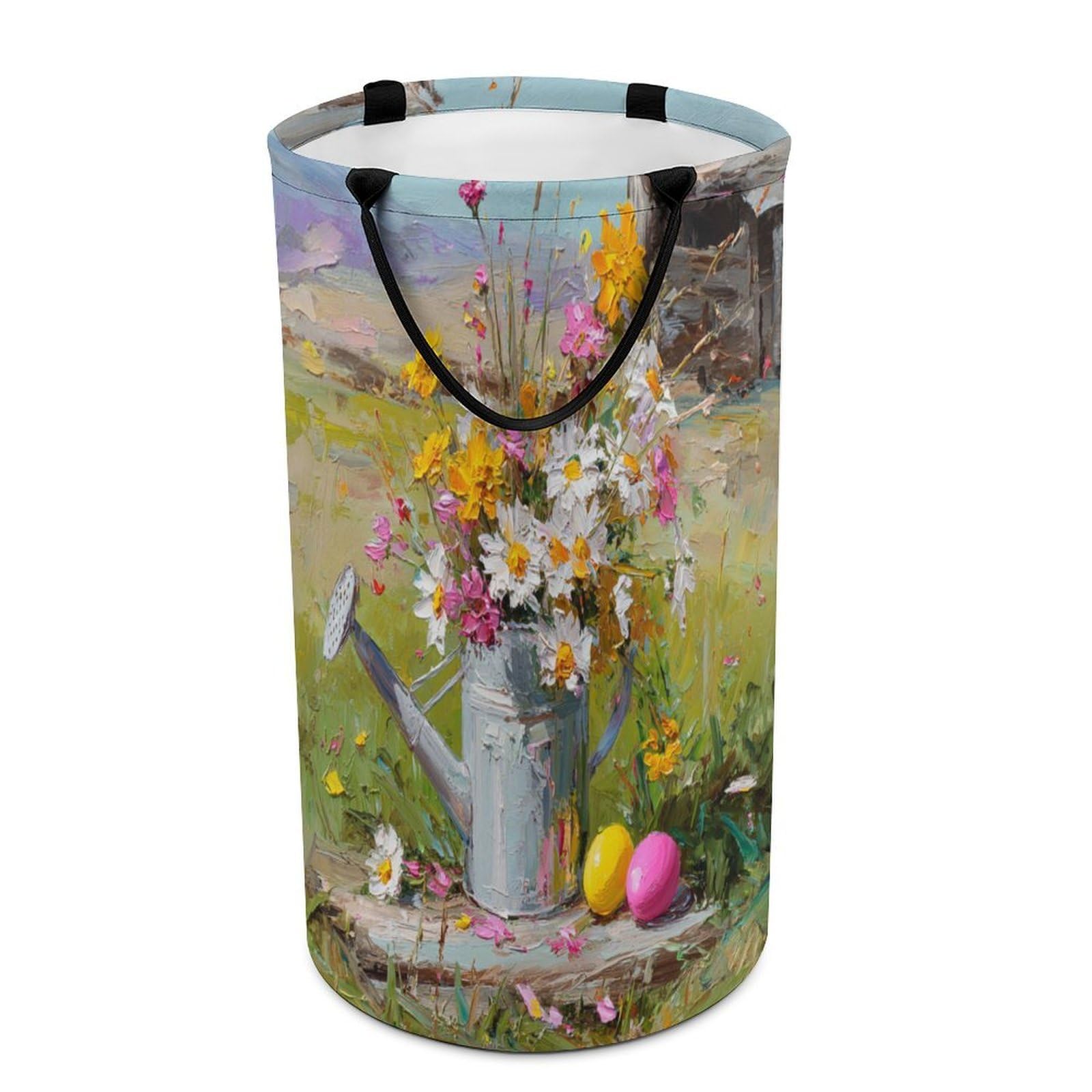 LUYYSKY Vintage Aesthetic Daisies Flowers Collapsible Dirty Clothes Basket, Classic Fantasy Spring Mountain Log Cabin Barn Portable Clothes Storage Laundry Basket-40 CM Dia, 69 CM High