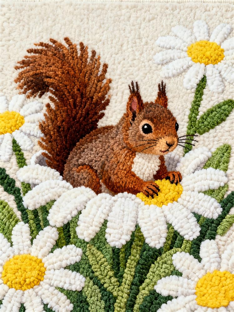 Kitquiver Tapisserie Knüpfen Set Knüpfteppich Eichhörnchen Auf Einer Gänseblümchen 90 X 120 Cm Für Kinder Und Erwachsene Teppich Zum Selber Knüpfen Teppich Kreuzstich Set Anfänger Knüpf-Sets