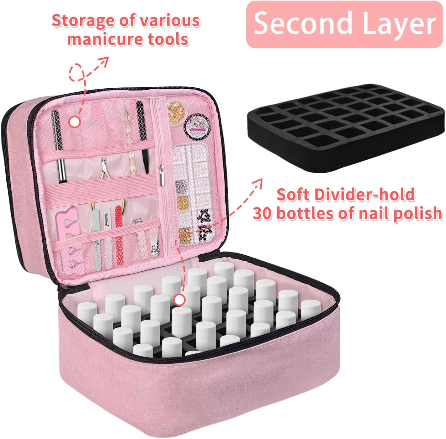 Nail Polish Storage Bag, Nail Lamp Case Nail Polish Carrying Case Holds 30 Bottles (15ml/0.5 fl.oz) Nail Kit Organizer Nail Supplies Storage Box with Manicure Tools Storage Sections(Pink)