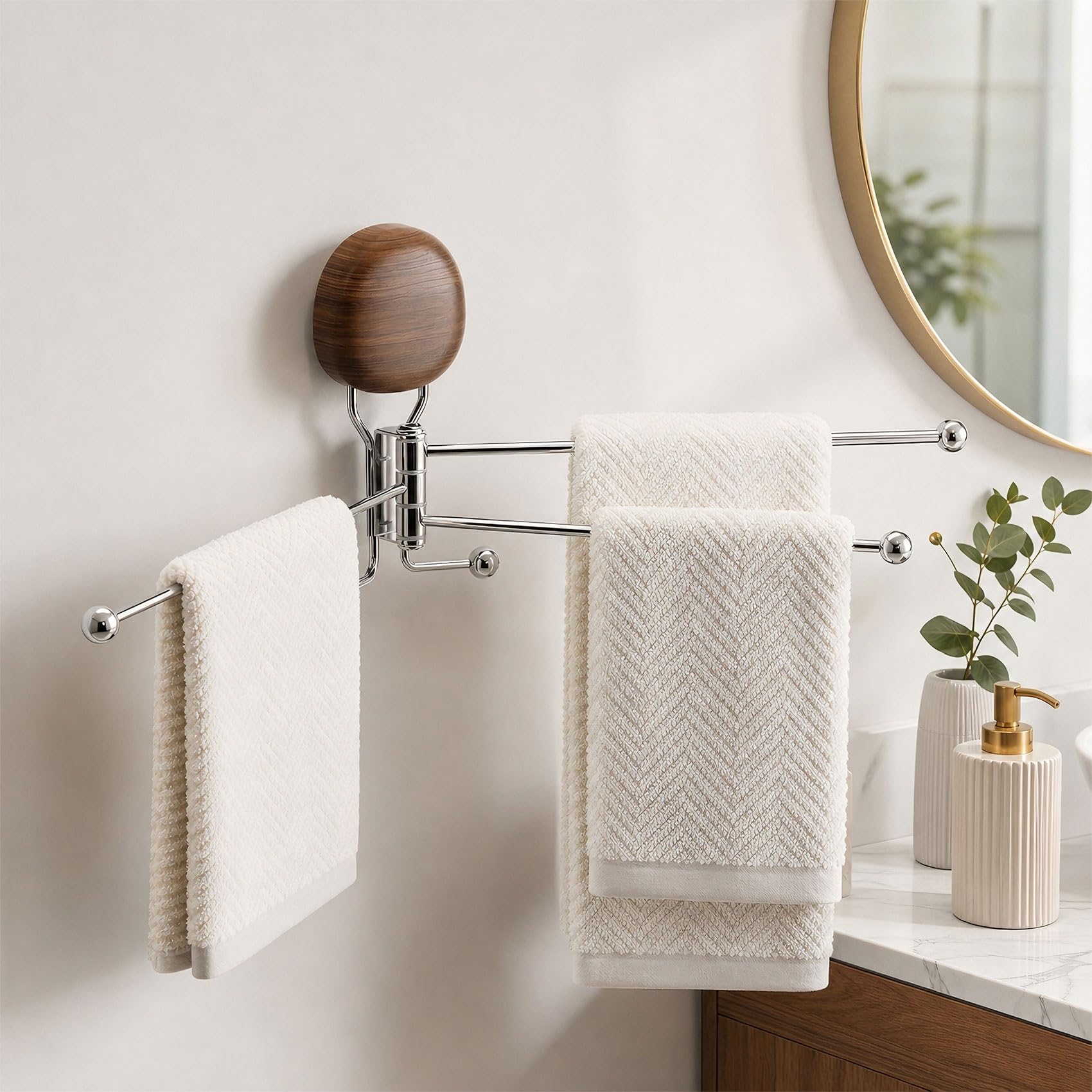 Swivel Towel Rack for Bathroom, Swing 3 Arms Towel Rack, Wall Mounted Towels Holder with Hook, Space Saving for Kitchen, Laundry, Outdoor, 180-Degree Free Rotation