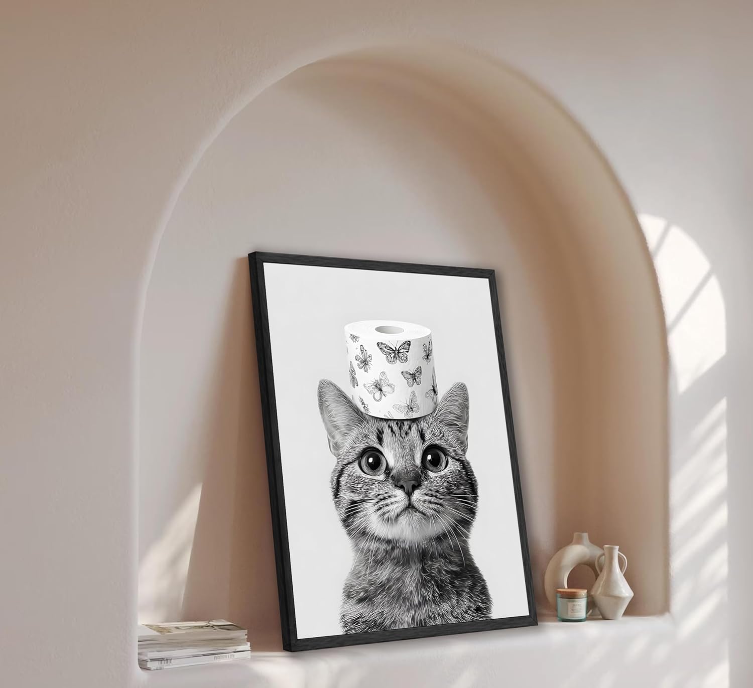 Framed Cat Bathroom Wall Art Black and White Toilet Paper Cute Cat Wall Art Funny Animal Bathroom Decor for Restroom Toilet Home Decoration