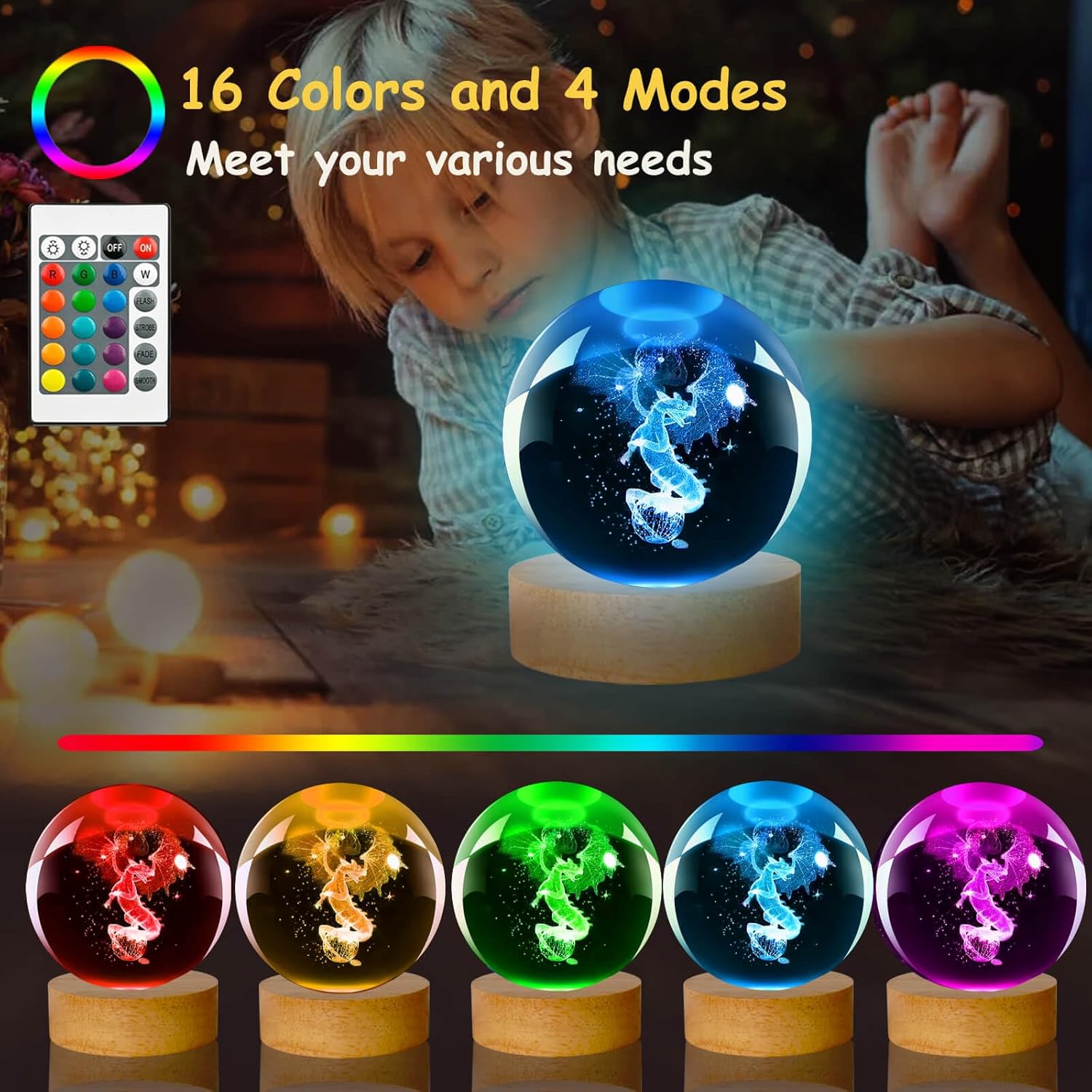 Dragon Table Lamp, 3.15in 16 Colors Crystal Ball Night Light with Wooden Base and Remote Control, Birthday Gift and Dragon Gifts for Women Men Kids (Dragon）