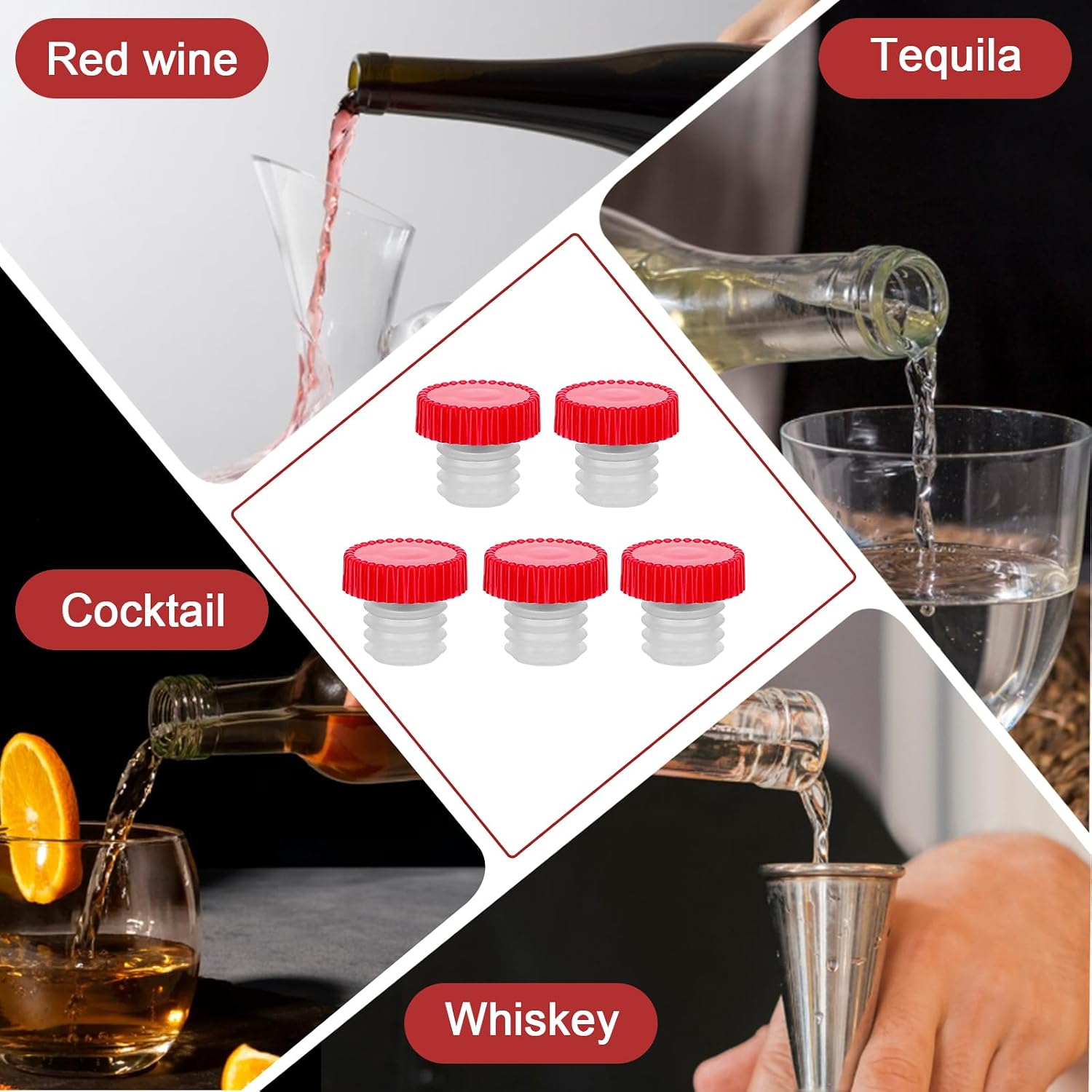 60Pcs Wine Pourer Spout for Corked Bottles Pour and Seal Plastic Wine Pourers with Lid for Storing Precise Pouring Slow Flow Wine Spouts(Red)