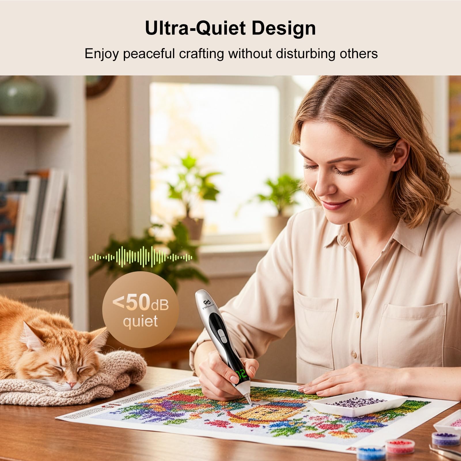PP OPOUNT Elektrischer Diamond Painting Stift Silber mit LED Licht & Display, 3 Saugstufen, Kabellos & Wiederaufladbar, Leiser Vacuum Stift, Ergonomisches Diamond Painting Zubehör für Erwachsene