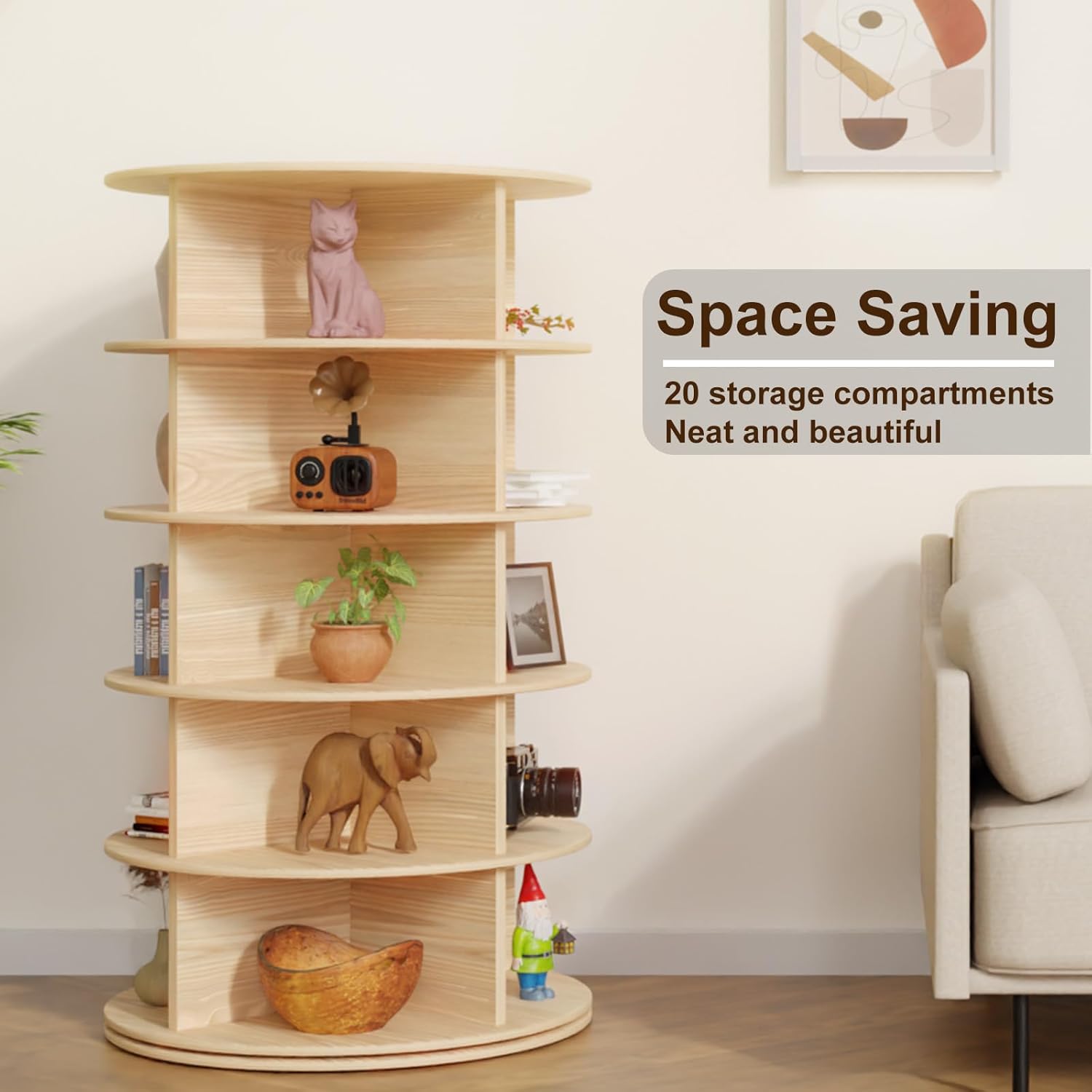 Rotating Shoe Rack Tower, 5-Tier 28 Wide Solid Pine Wood Spinning Shoe Display 360° Lazy Susan Shoe Rack, Revolving Shoe Stand, Shoe Rotating Organizer for Closet Shoes and Handbags