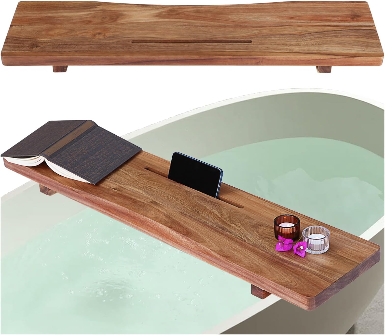 Premium Acacia Wood Bathtub Tray Caddy with Adjustable Legs
