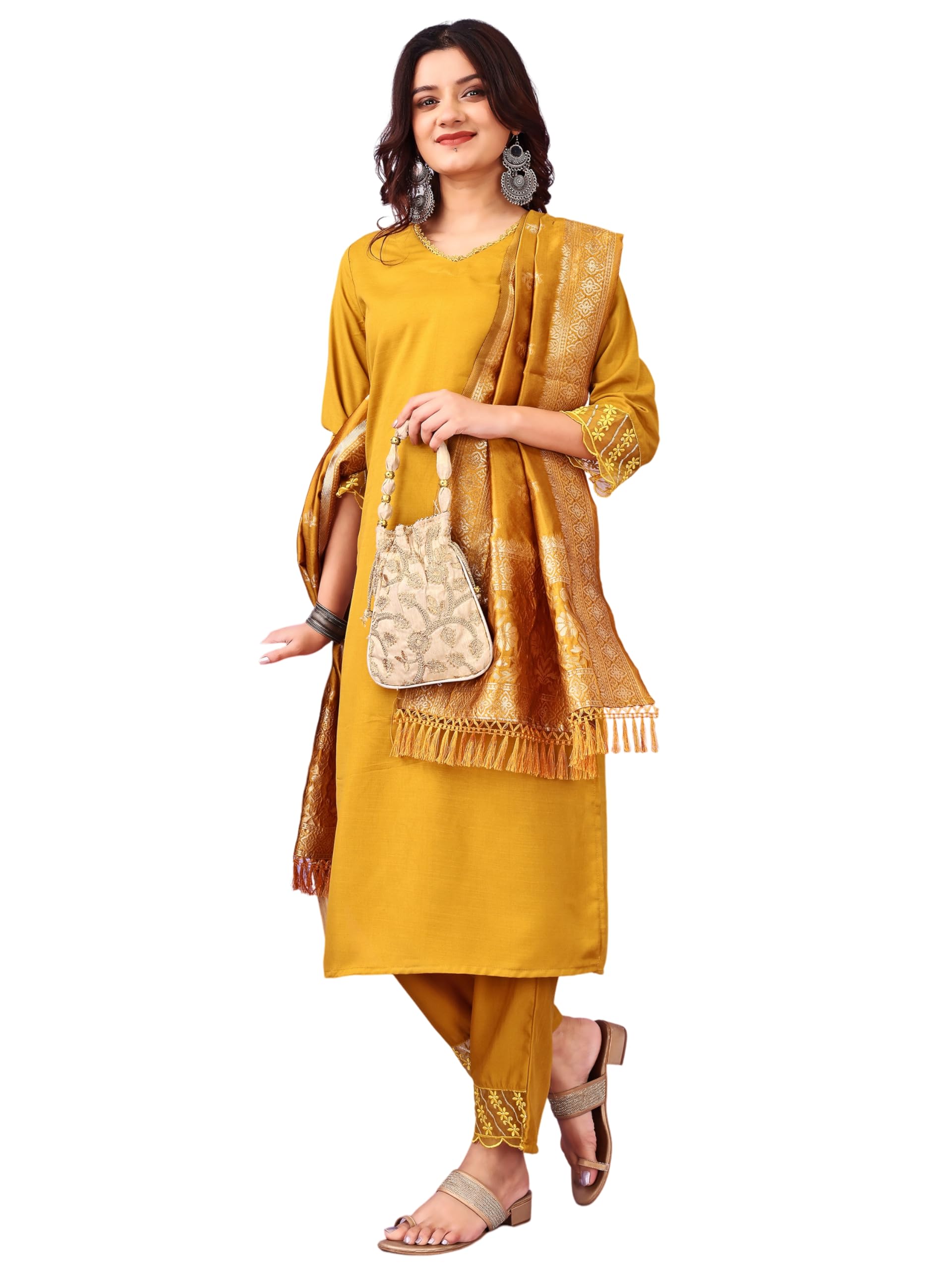 Vintro Rayon Slub Yellow Straight Cut Kurta Set with Dupatta