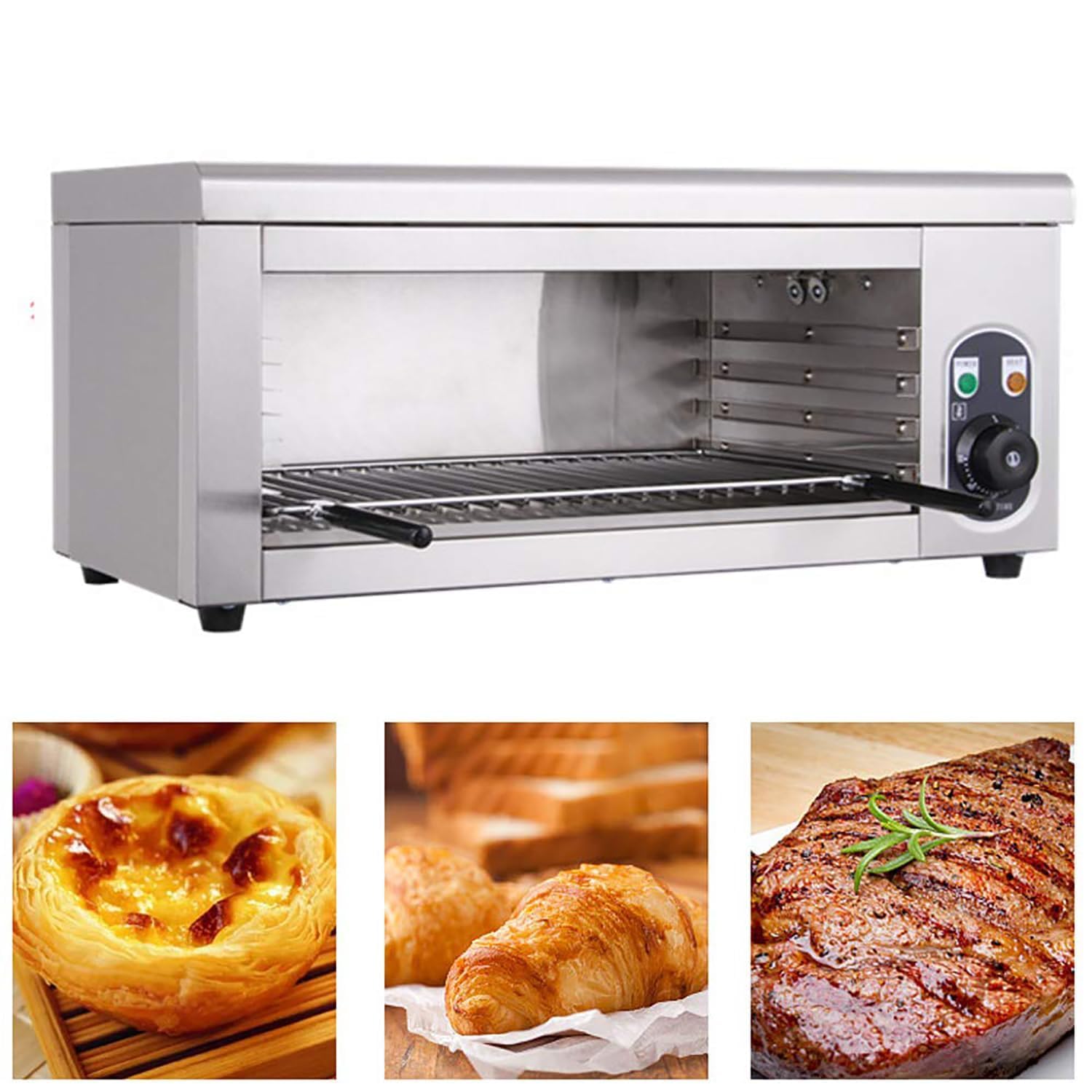 Parrilla eléctrica Comercial, Horno de sobremesa con asador Tipo salamandra y Rejilla Ajustable, 50-300 °C, Acero Inoxidable.