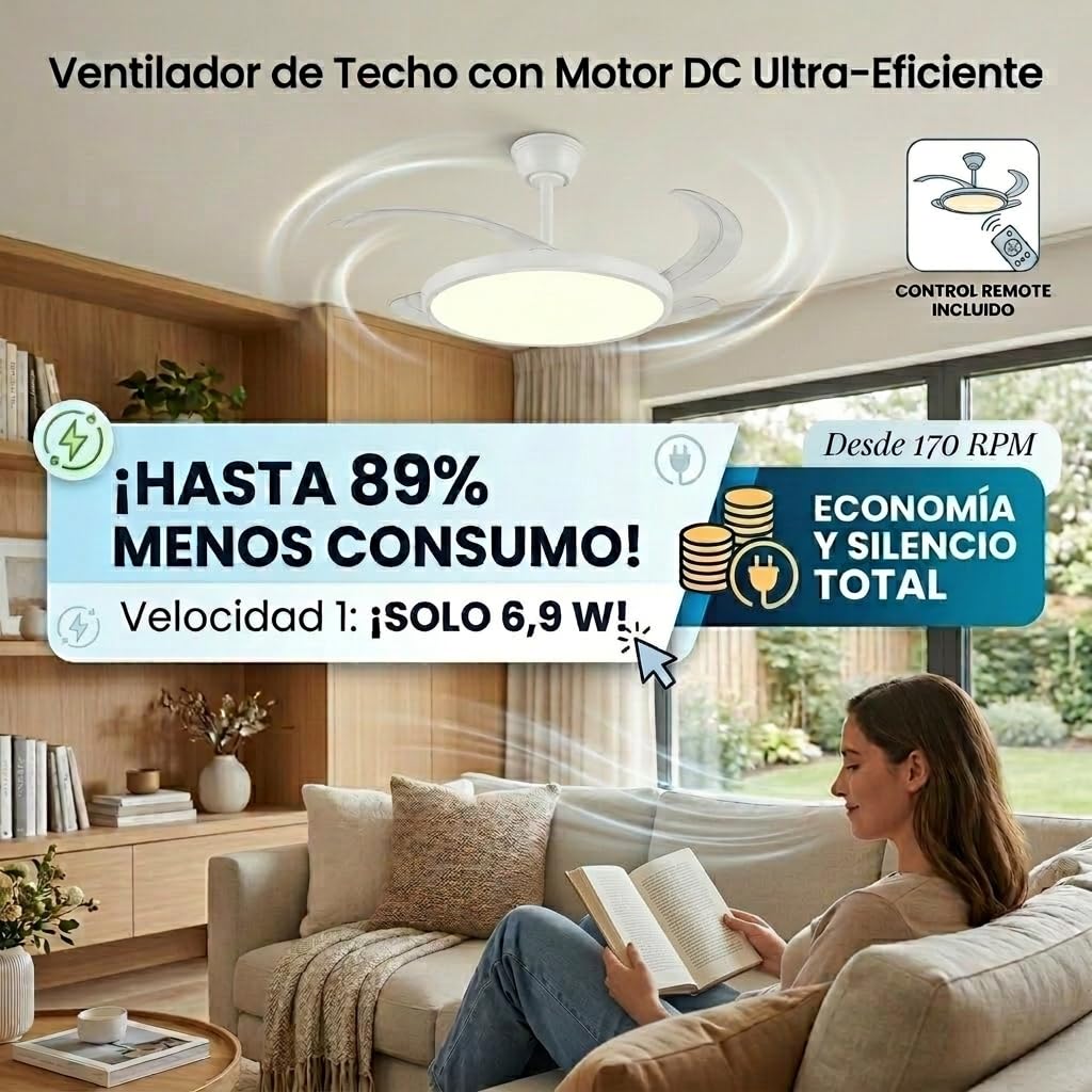 Lampara Techo con Ventilador | Ventilador Retractil Techo Silencioso | Aspas Plegables y Motor DC 30W Potente, 6 velocidades, Función Verano Invierno con temporizador | Luz LED 40W dimable (Madera)