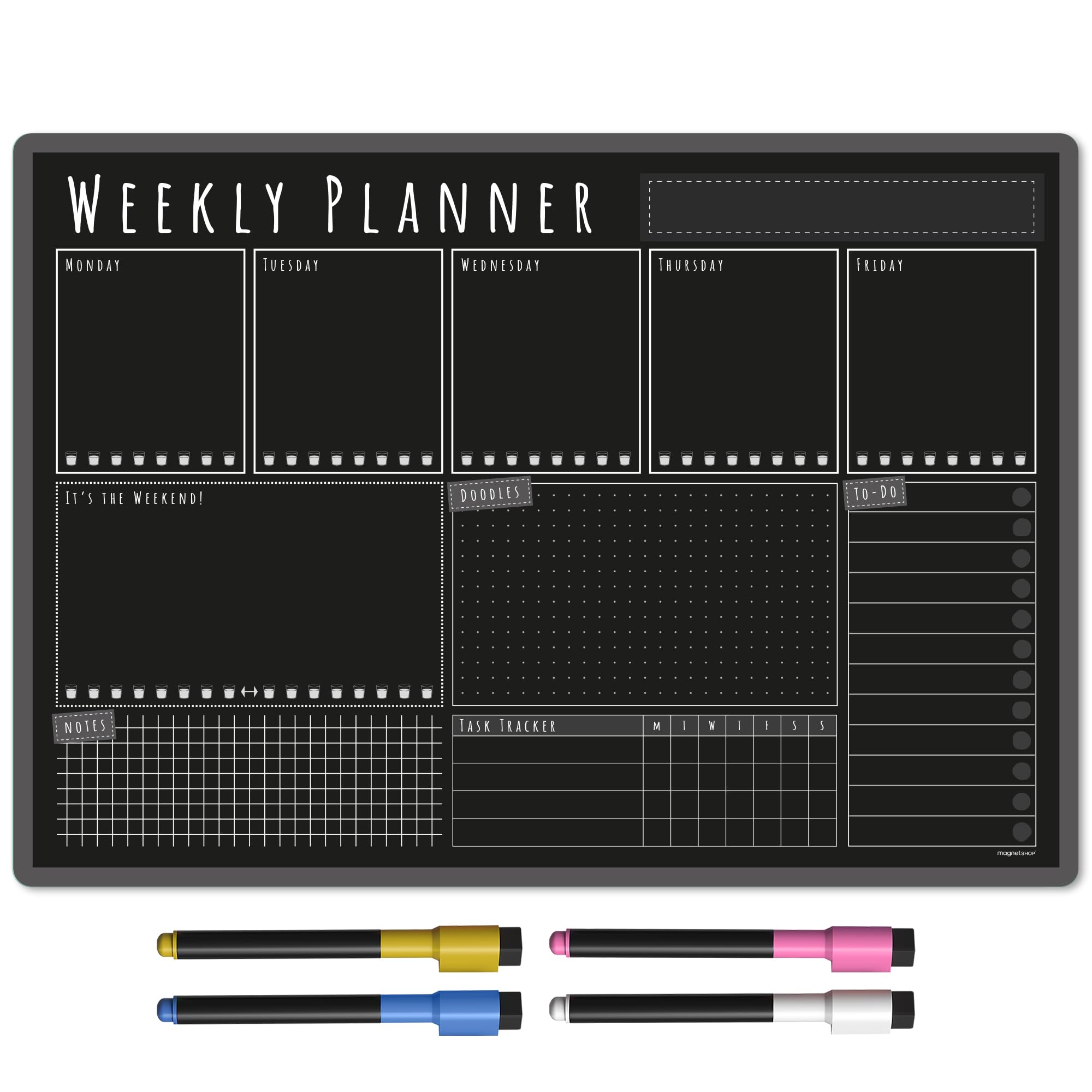 TMS A3 Weekly Planner Whiteboard | Magnetic Calendar for Fridge and Dry Wipe Pens | Meal or Family Planner for Kitchen (Blackboard, A3-Weekly)