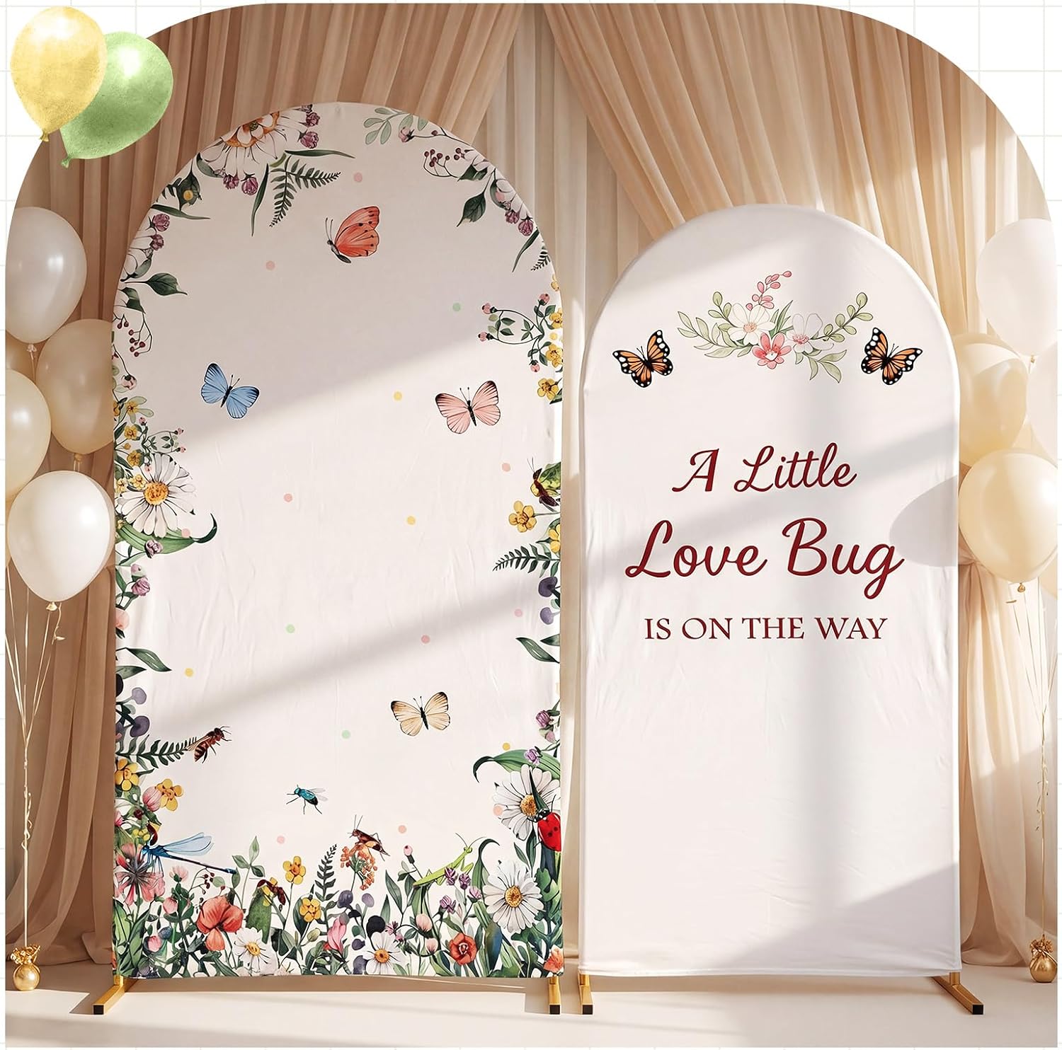 Moukeren Love Bug Baby Shower Arch Backdrop Cover 6ft and 7.2ft for Floral Leaves Garden Themed Baby Shower Party Gender Reveal Birthday Party Banquet Photo Arches Background Decorations