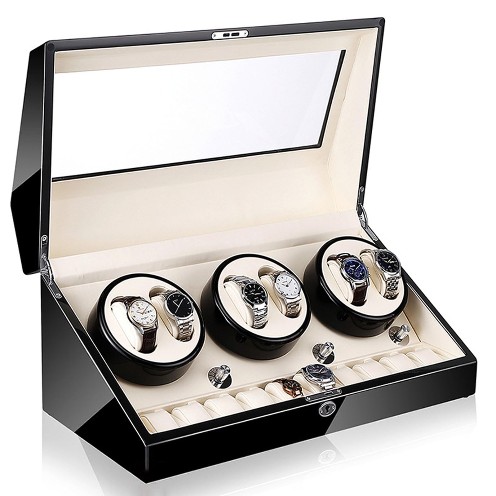 CGCSYZ Automatic Watch Winder Box 6+10 Watch Storage Box Piano Paint Finish Built-in Illumination,5 Rotating Modes,with Super Quiet Motor For Man Women (Black and White Led Light 6+10 epitopes)