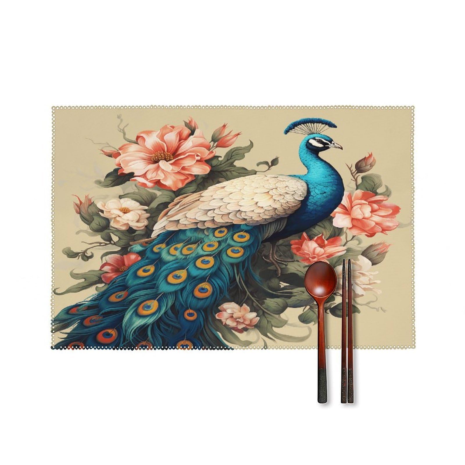 Fekiloot Style Peacock And Flowers Placemats Set Of 6,Table Mat