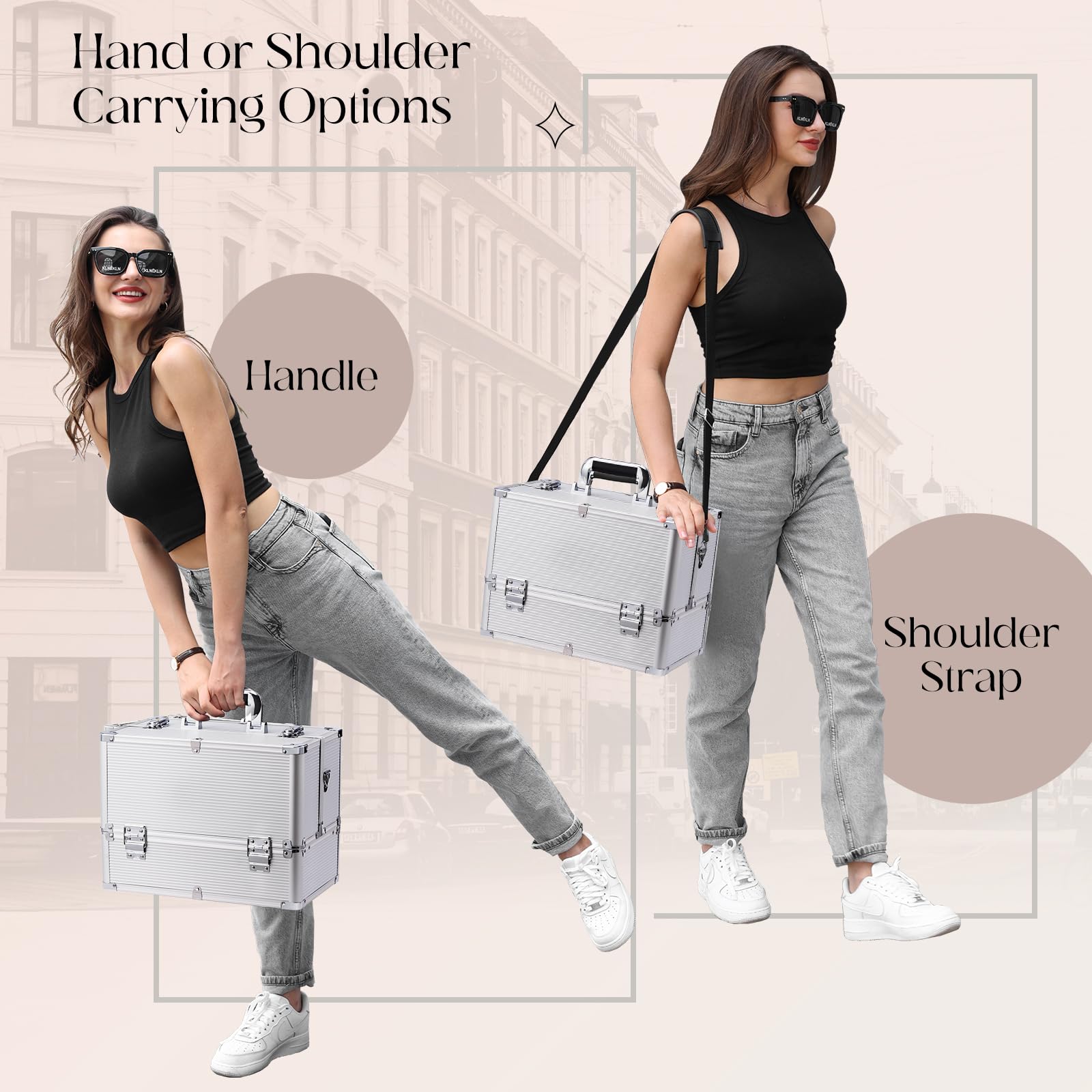 Joligrace Makeup Case Nail Case Vanity Case Professional Makeup Storage Boxes Manicure Jewellery Cosmetic Box Organizer with Shoulder Strap Beauty Travel Case Silver - 5