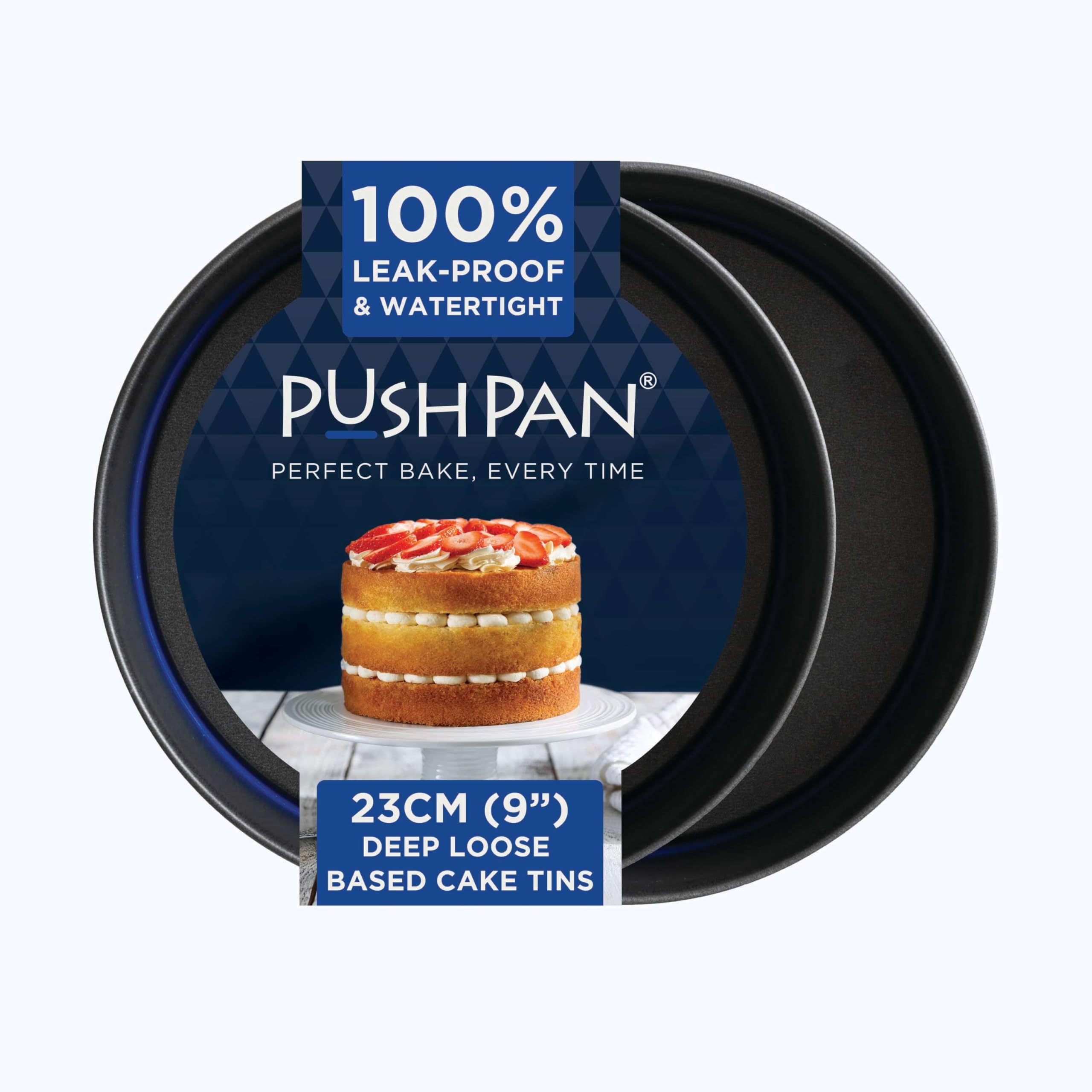PushPan Set of 2 x 9 Inch Deep Cake Tins | Patented Silicone Seal | Leak-Proof & Watertight Round Baking Tin | Non-Stick Low Carbon Steel | 23cm Cake Tin | Dishwasher, Oven & Freezer Safe