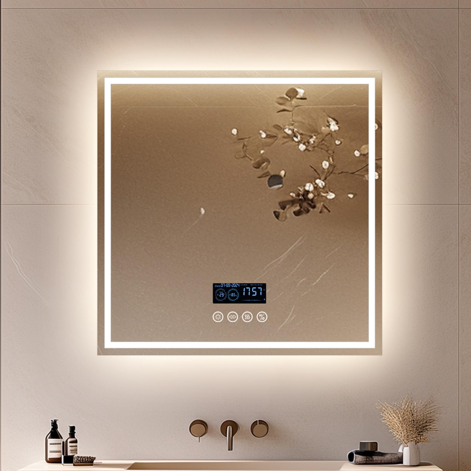 LUVODI Espejo Baño Led con Luz Bluetooth: 80x80 cm Espejo Pared Antivaho Cuadrado Espelho Banho Lavavo con 2 Altavoz Luz Frontal y Retroiluminado 3 Color de Led Regulable, Memoria, Certificado CE