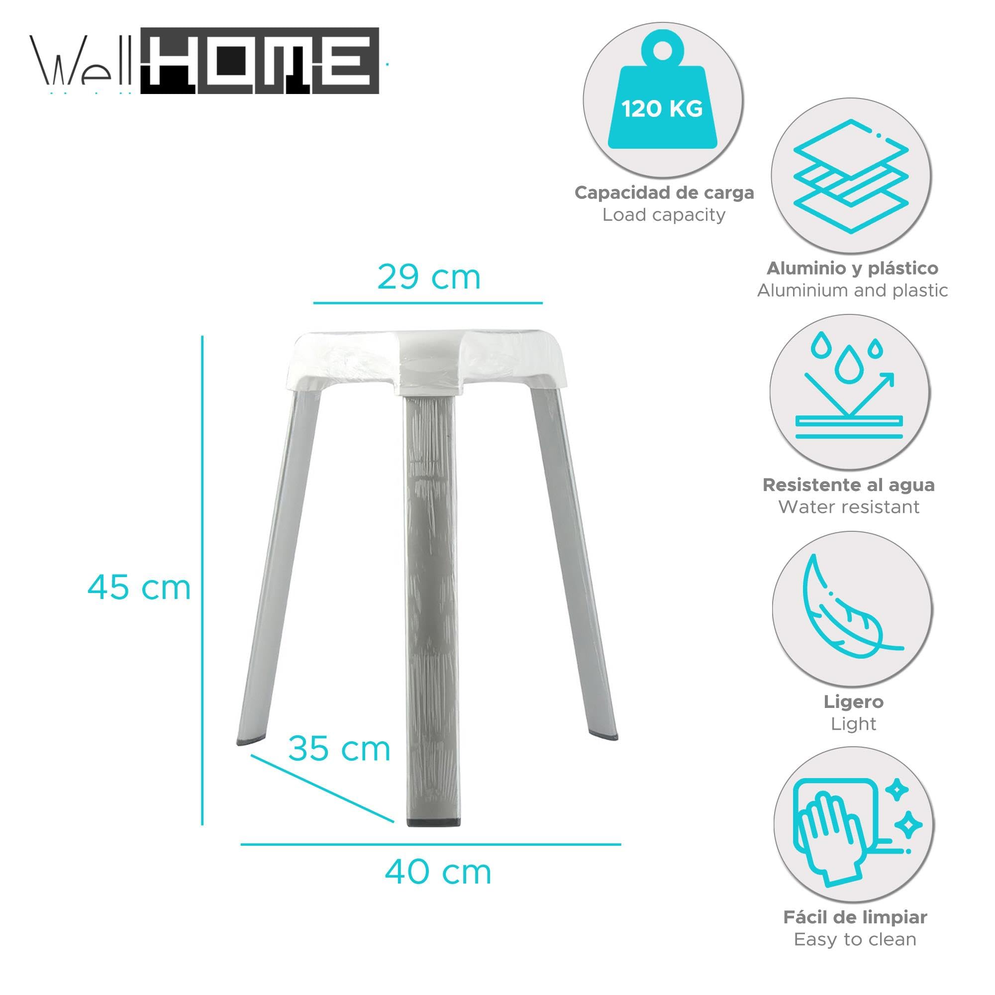 Well Home Asistencia domiciliaria: Asiento de Ducha Tipo :Taburete de Ducha, Aluminio y Polipropileno, Ideal Asistencia de Mayores