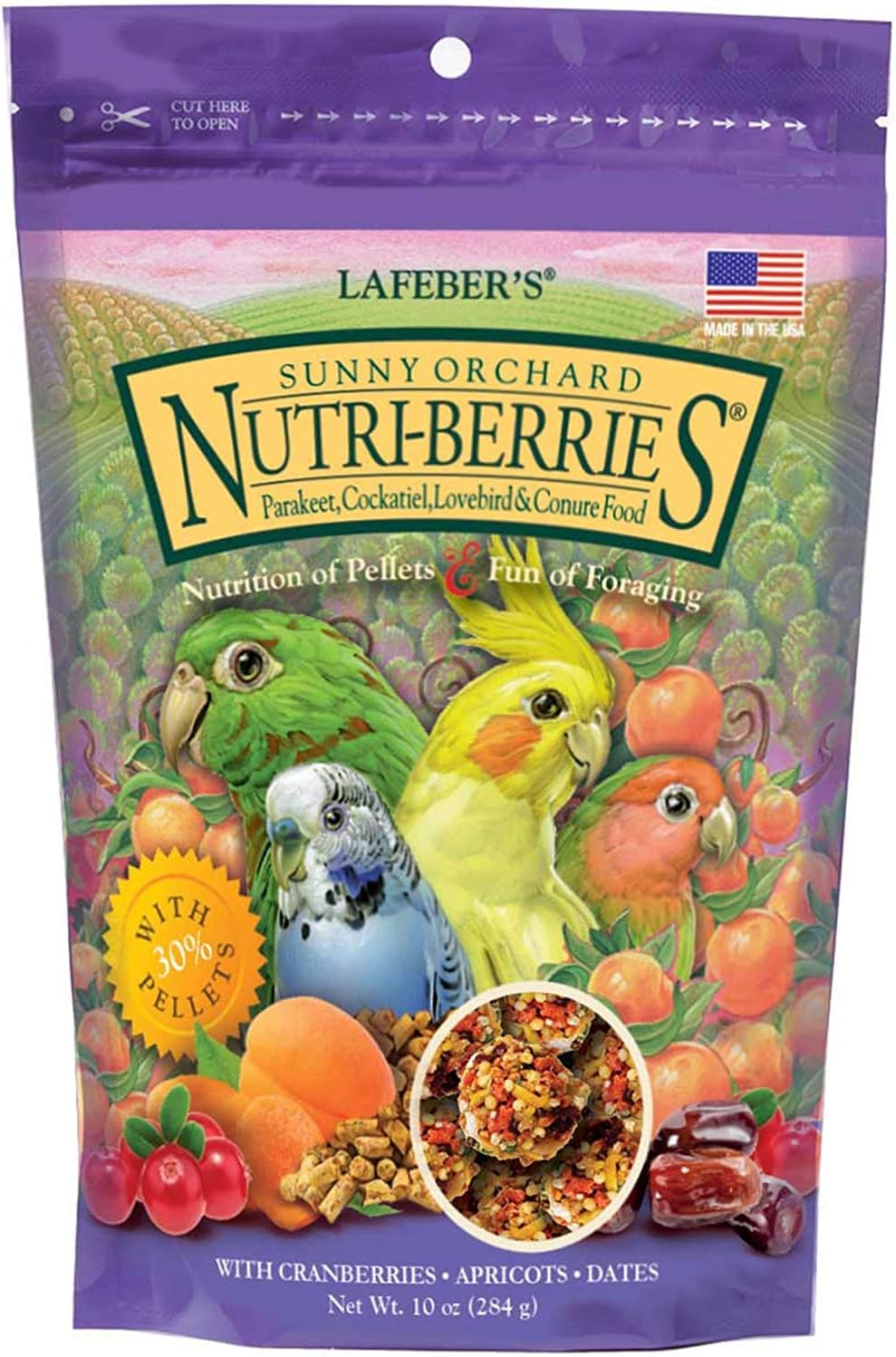 LAFEBER'S Sunny Orchard Nutri-Berries Pet Bird Food, Made with Non-GMO and Human-Grade Ingredients, for Cockatiels Conures Parakeets (Budgies) Lovebirds (Sunny Orchard 10 oz)