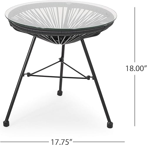 Miniatura 3 de GDFStudio Mesa auxiliar moderna de ratán sintético para exteriores con tapa de vidrio templado, color negro