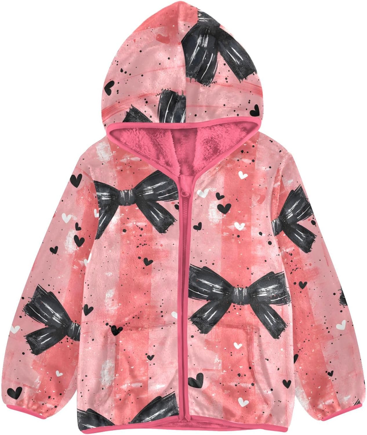 Girls Hoodie Outfit Black Bow Heart Pink Pattern Zipper Sweatshirt Coat Fleece Jacket for Kids 3-10T