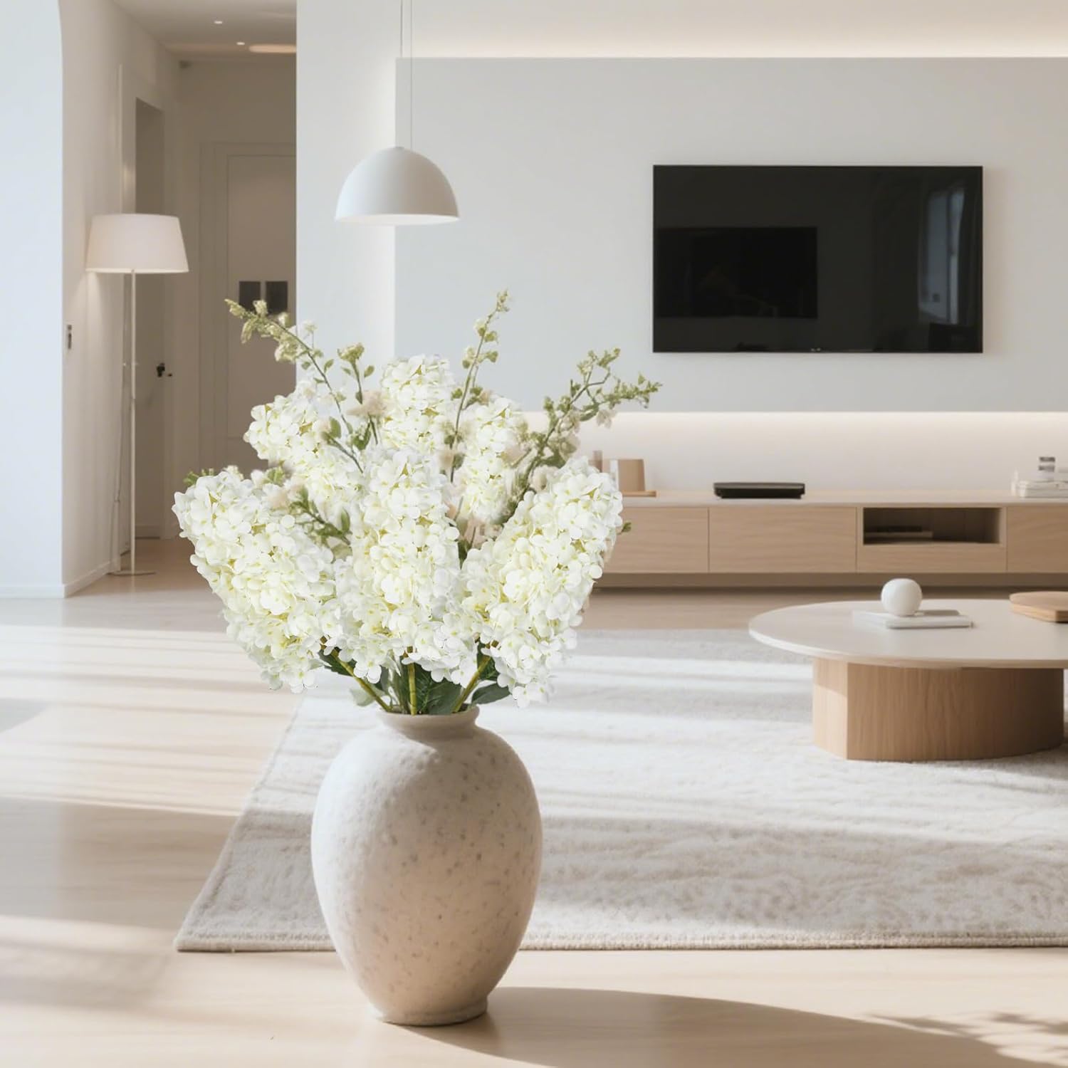 4pcs White Hydrangea Artificial Flower, 33.5" Long Stem Real Touch Conical Fake Hydrangea Silk Flowers, for High Vase Flower Arrangements Decoration, Family Farmhouse, Hotel Decor (White)