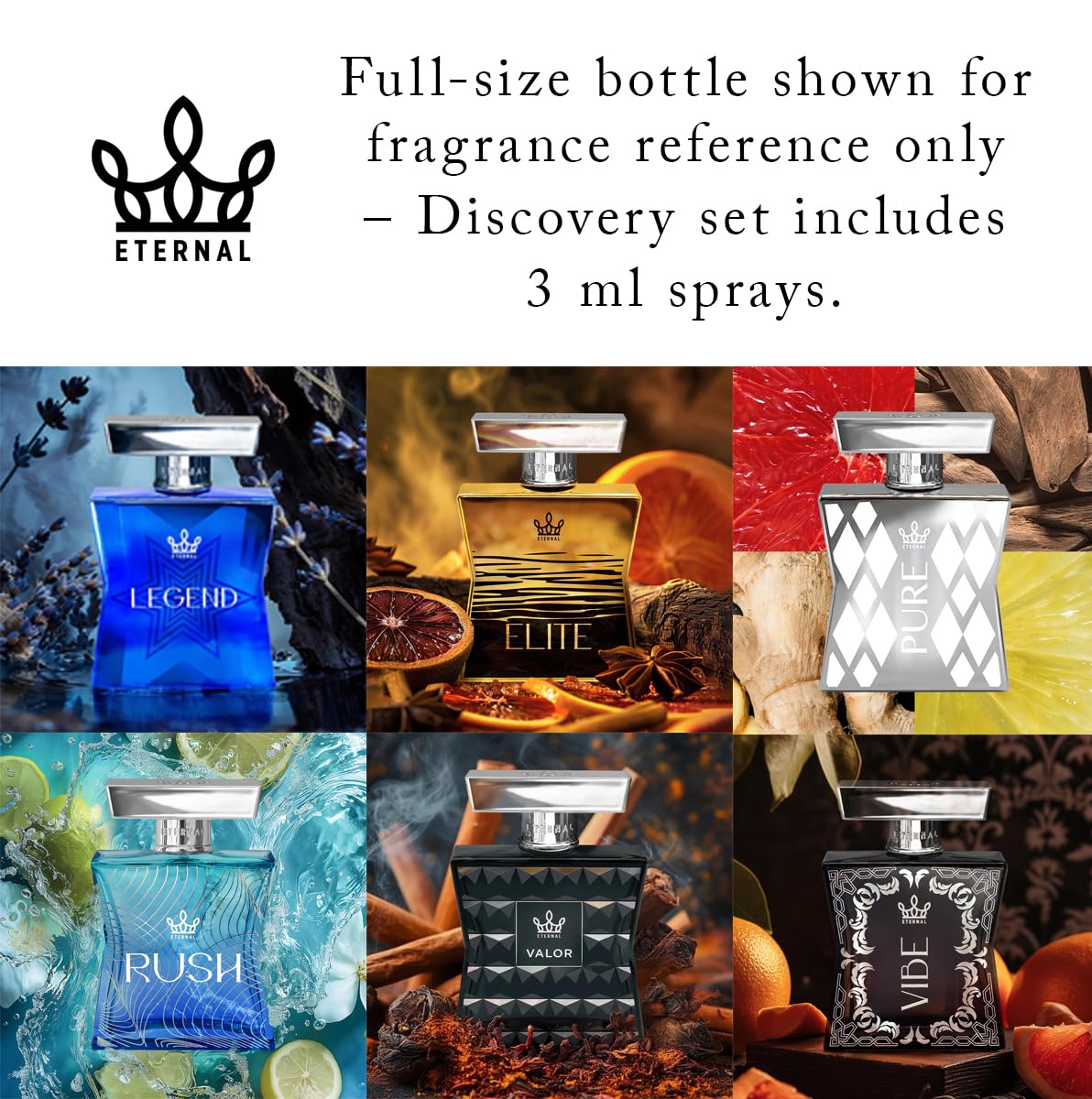 Eternal Discovery Set Men's Favorites 6x3ml Sample Sprayers - Long-lasting - Clean Ingredients - Includes Eternal Legend - Eternal Elite - Eternal Rush - Eternal Pure - Eternal Valor - Eternal Vibe
