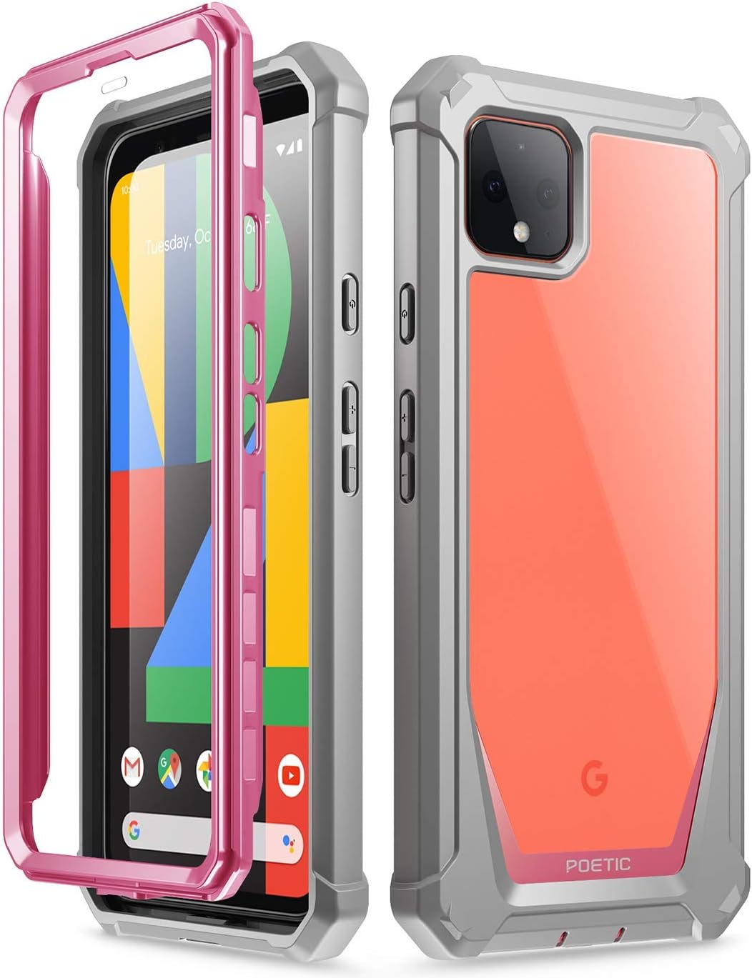 Poetic Guardian Series Case Designed for Google Pixel 4 XL 6.3 inch (2019 Release), Full-Body Hybrid Shockproof Bumper Cover with Built-in-Screen Protector, Pink/Clear